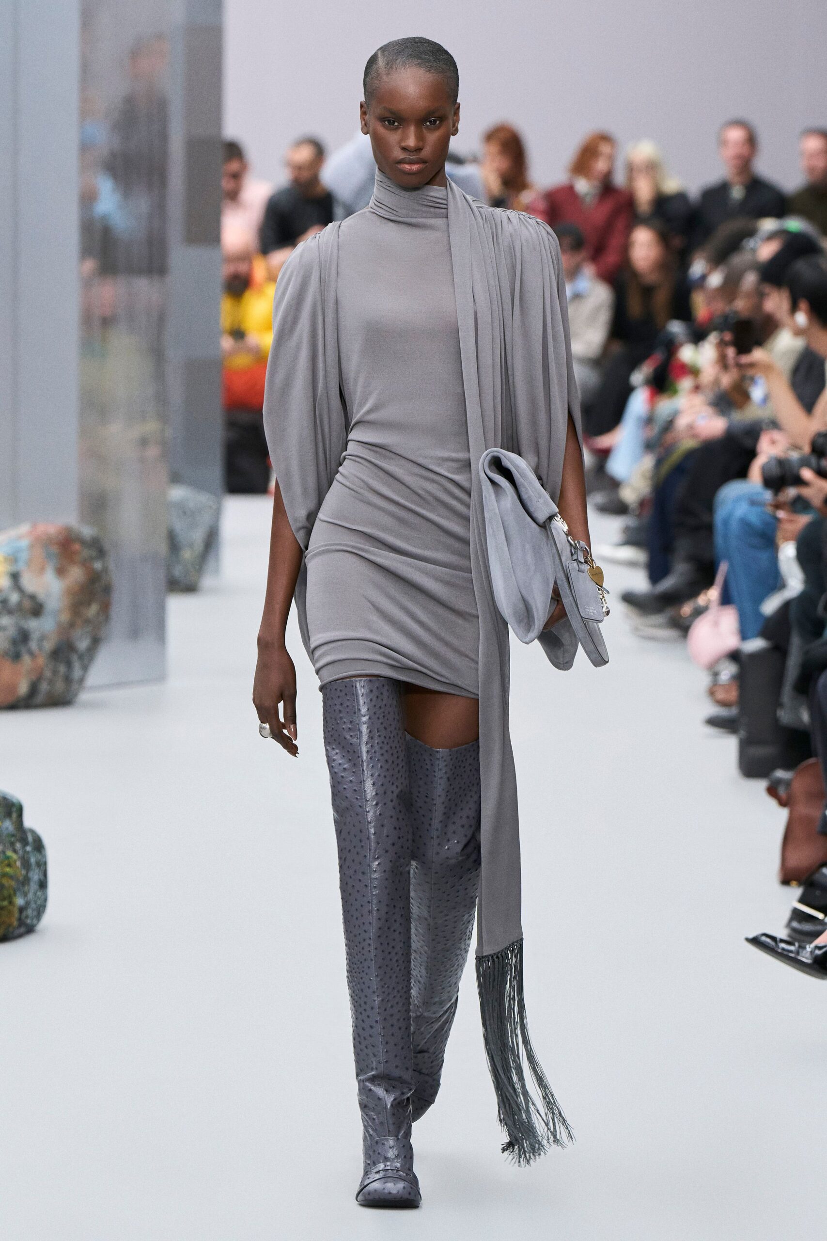 gray silk long-sleeve turtleneck fitted draped mini dress