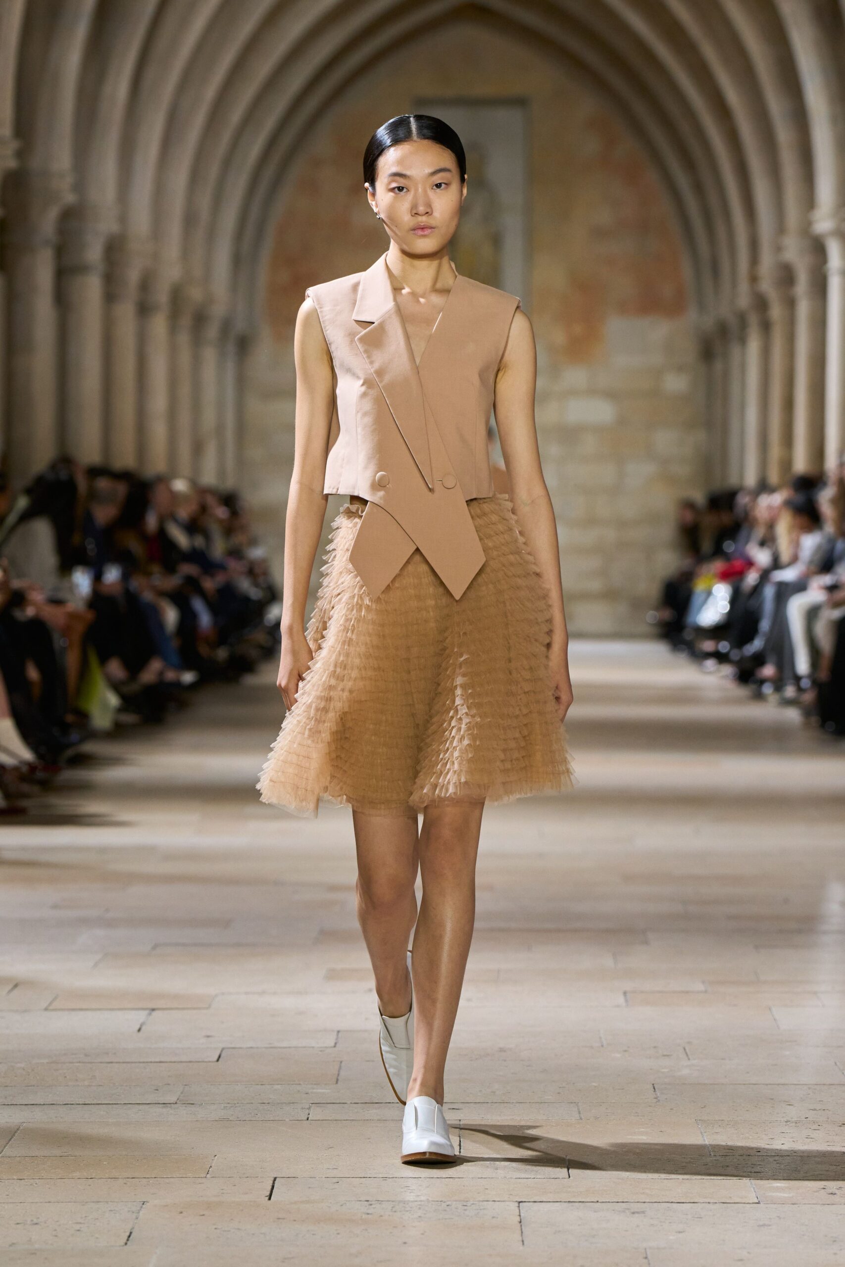 tan tulle relaxed pleated mini skirt