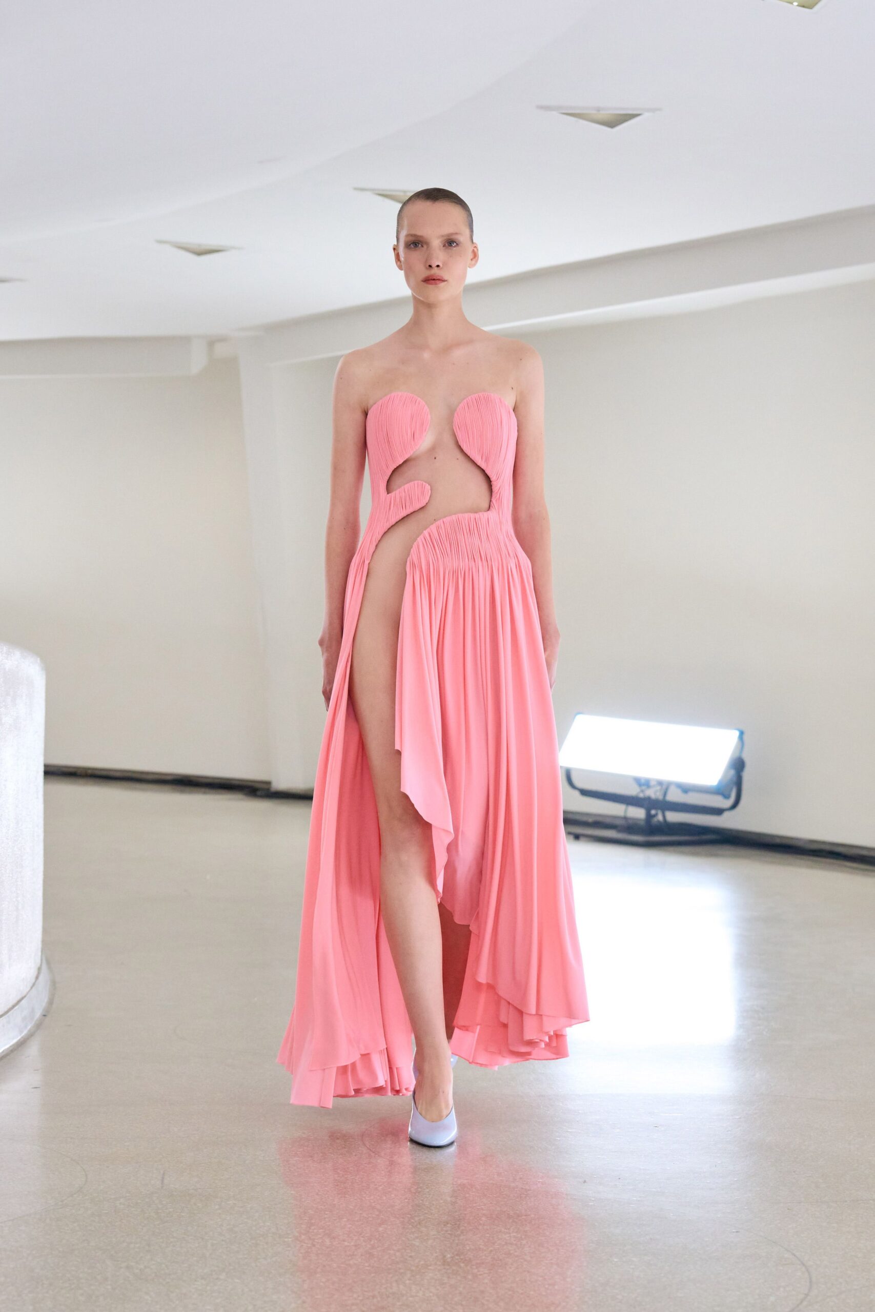 pink silk sleeveless high-neck fitted pleated draped gown