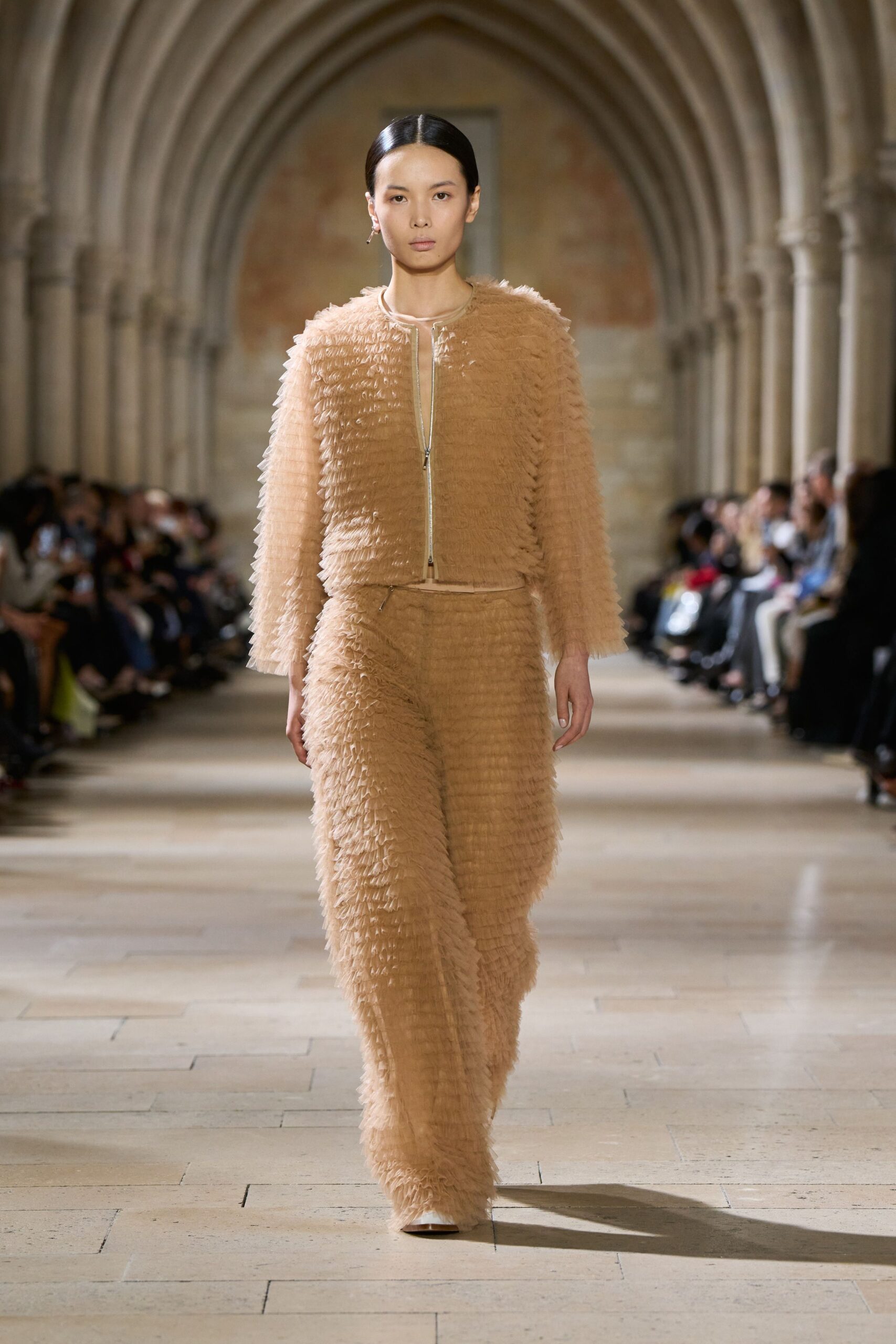 beige ruffled silk jumpsuit
