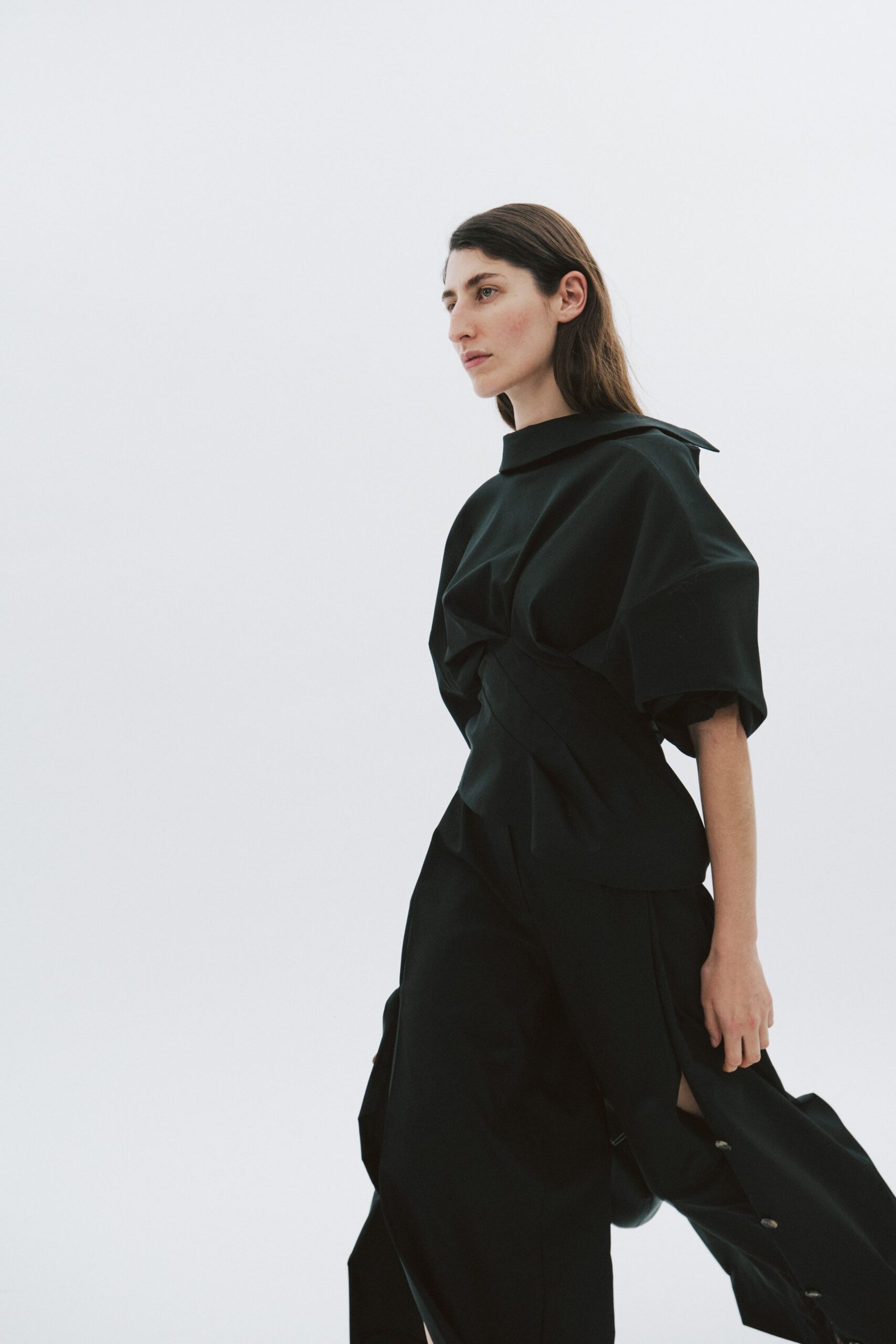 black cotton fitted high-waisted straight-leg pants