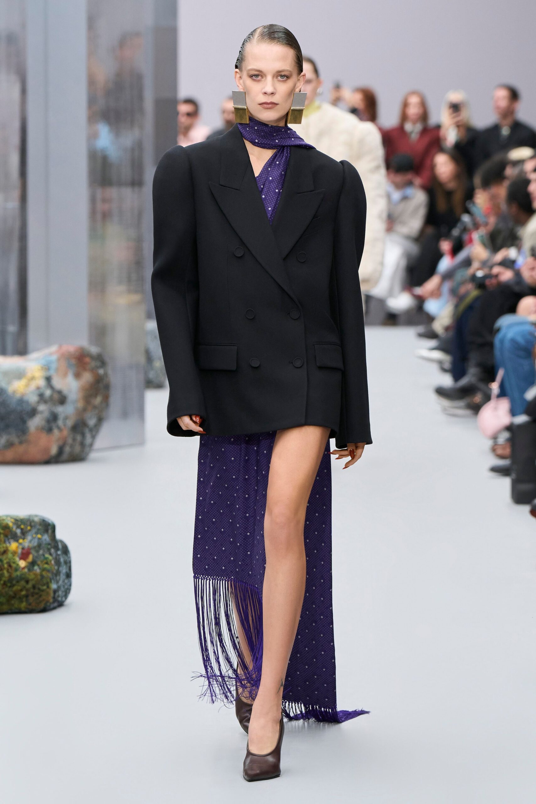 black blazer purple dress