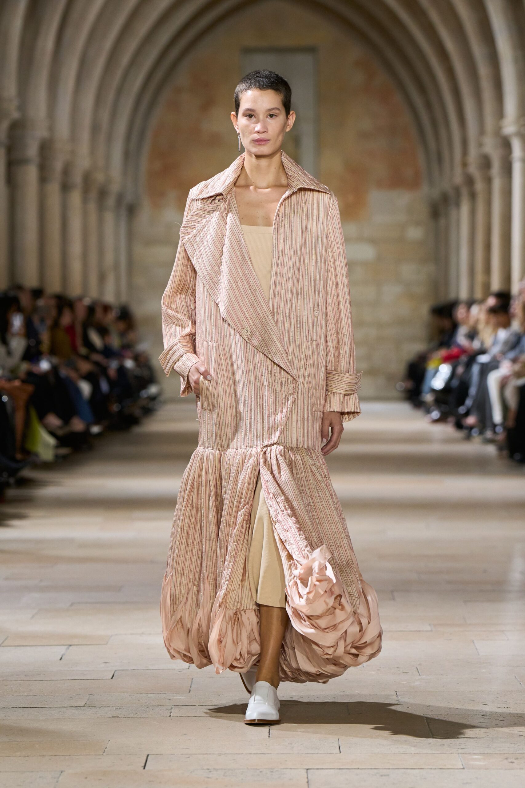 pink silk long-sleeve collared relaxed pleated draped coat