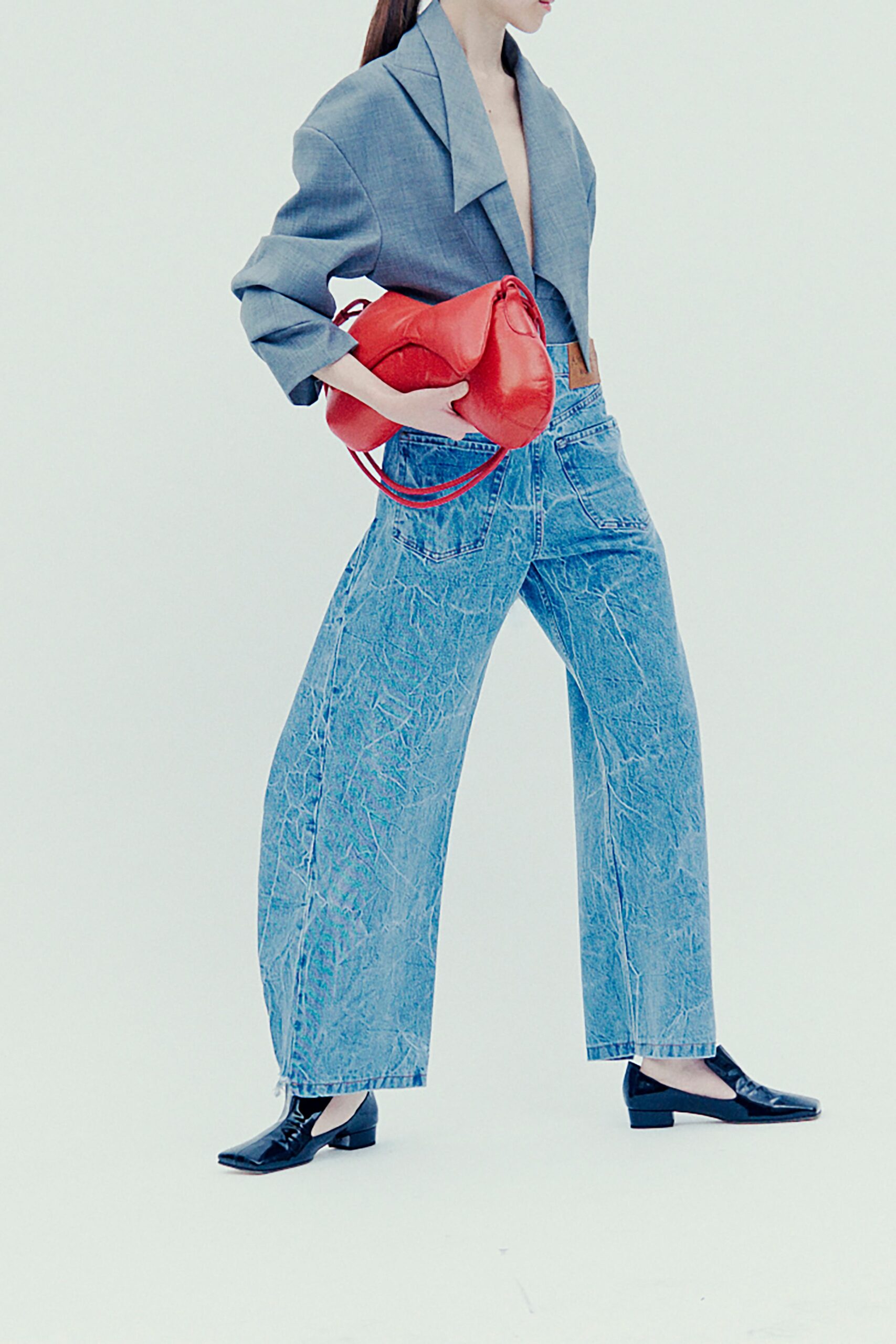 gray blazer with blue pants