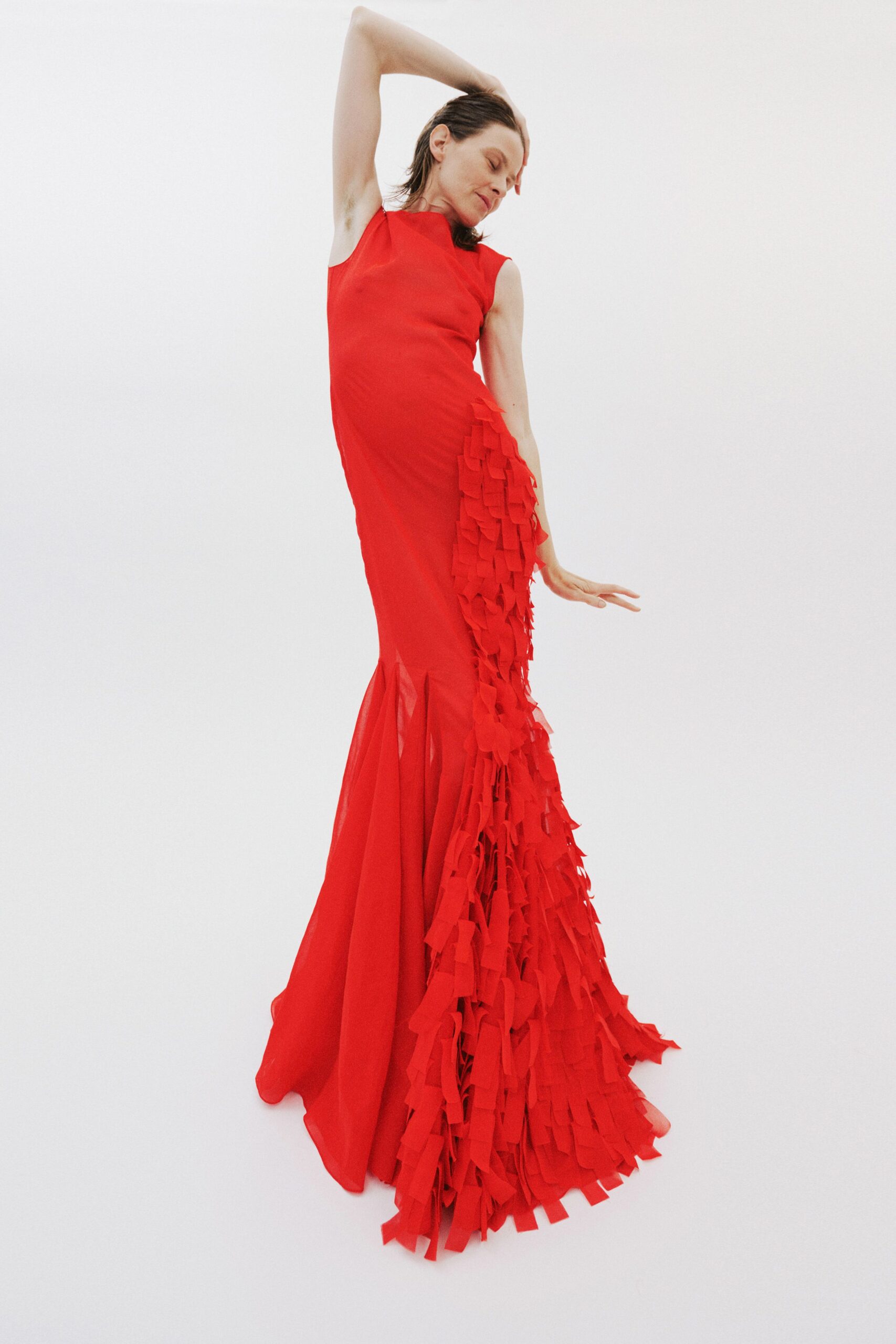 red silk sleeveless gown