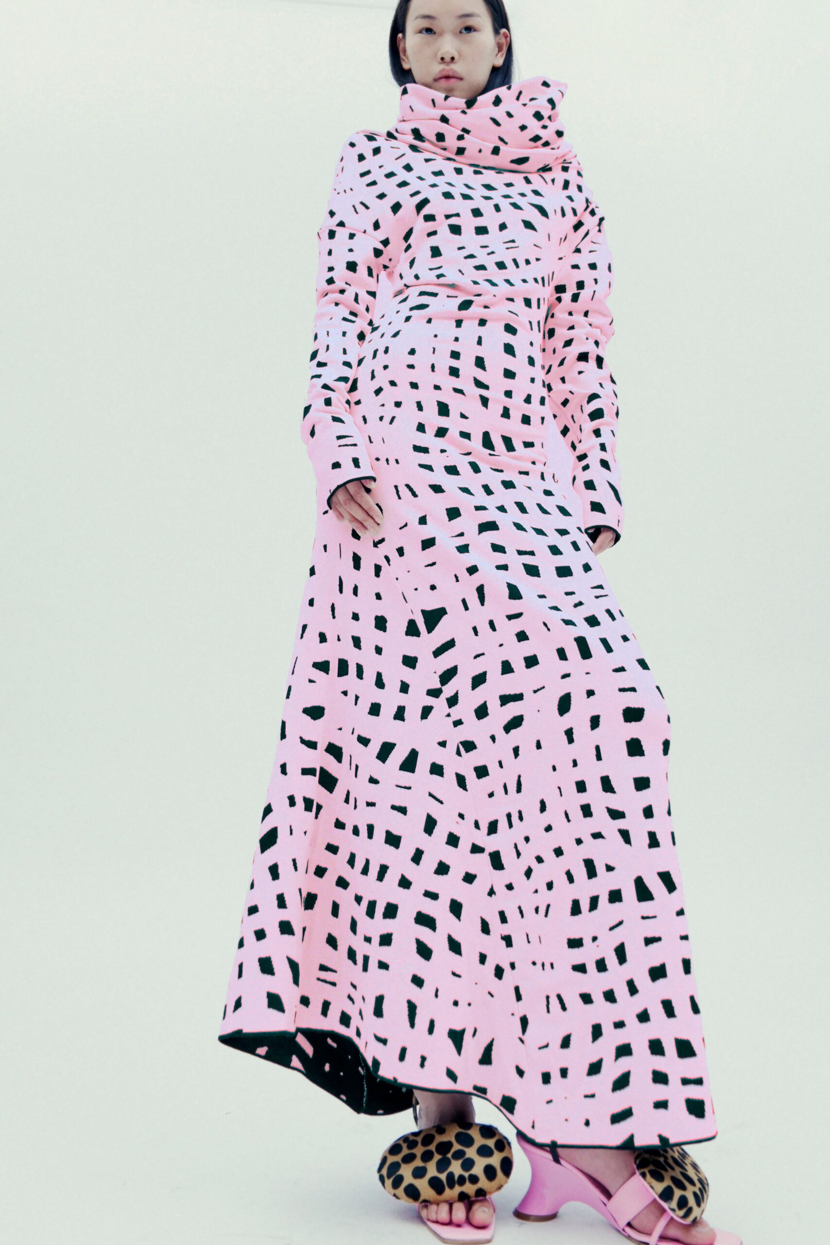 pink cotton long-sleeve high-neck fitted printed maxi gown