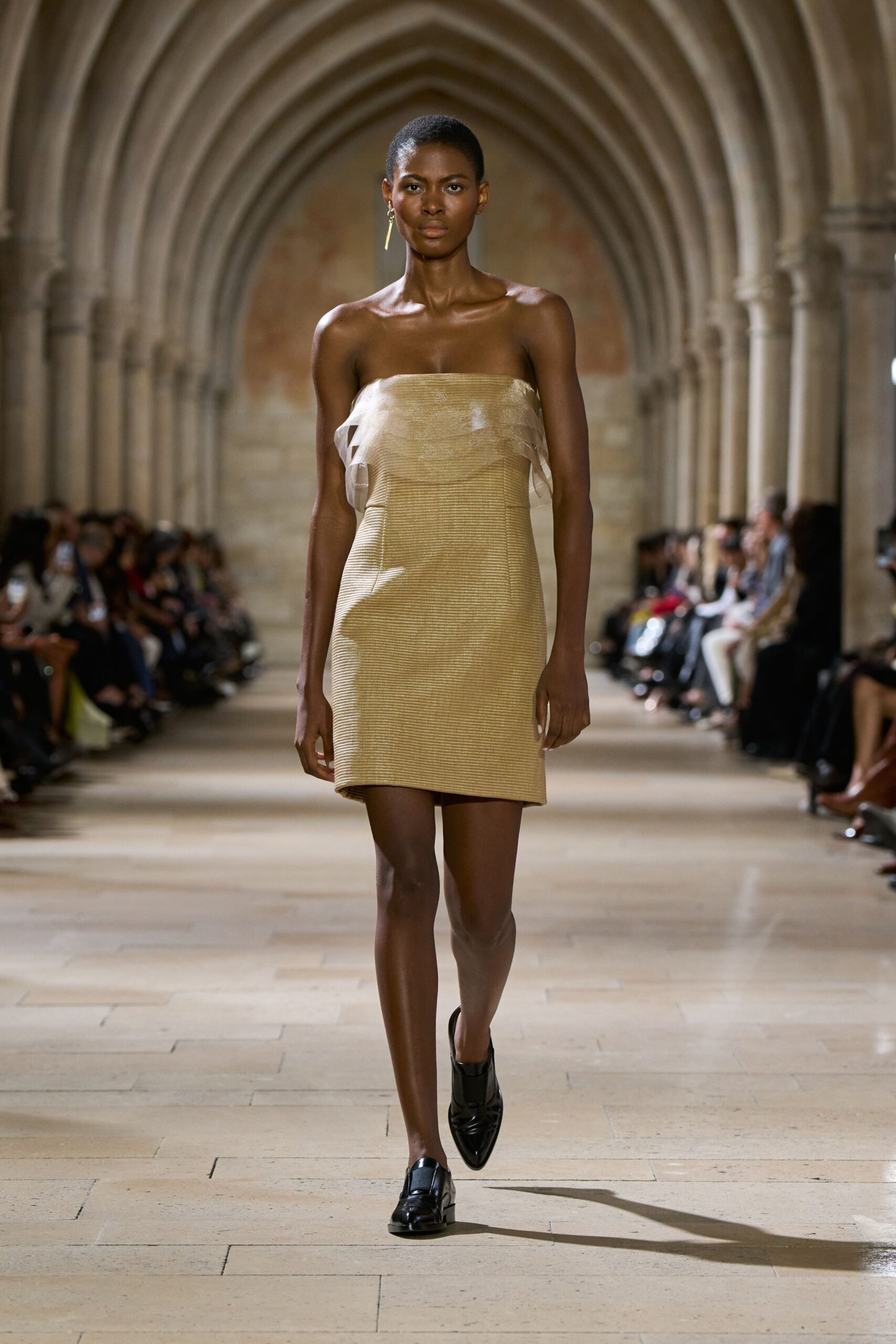 beige cotton strapless fitted draped short dress