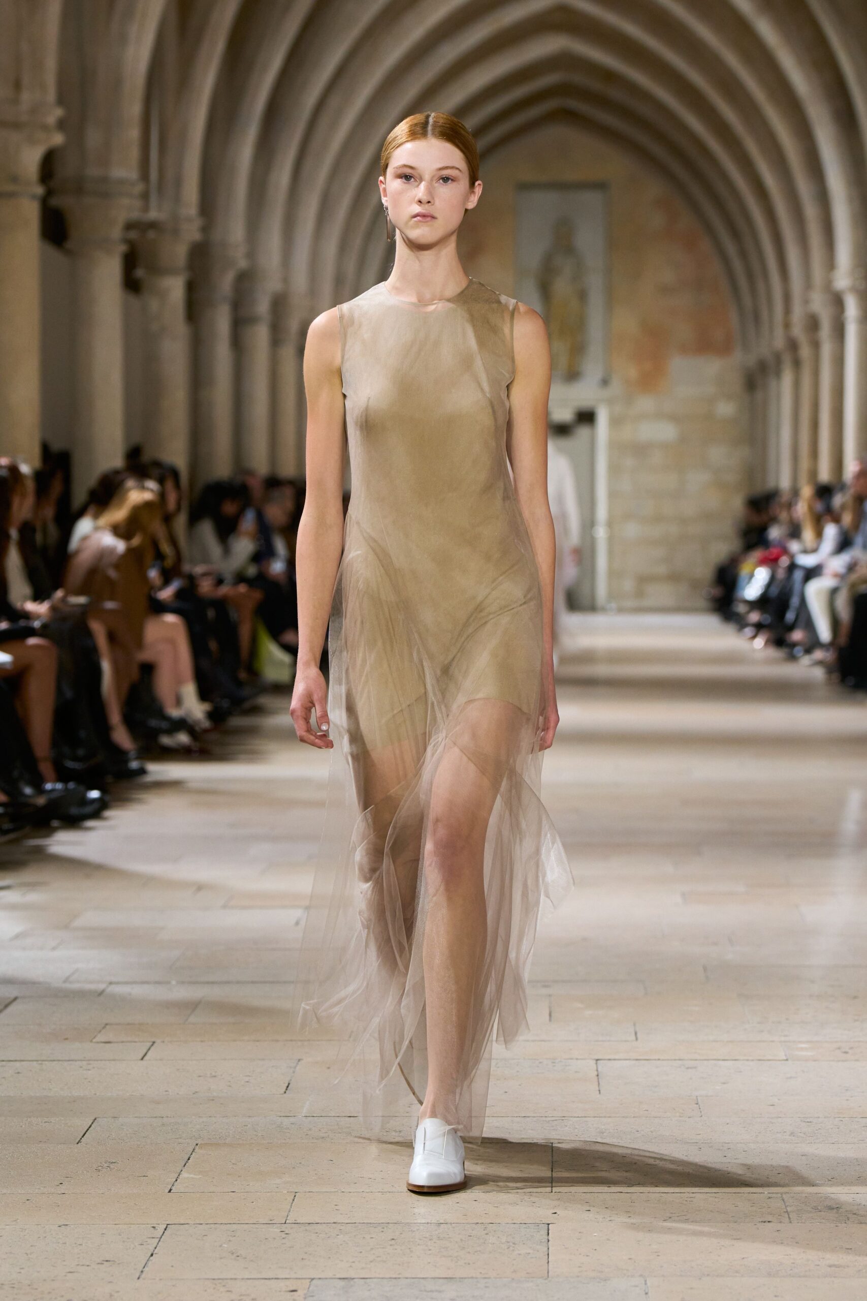 beige chiffon sleeveless v-neck fitted layered sheer dress