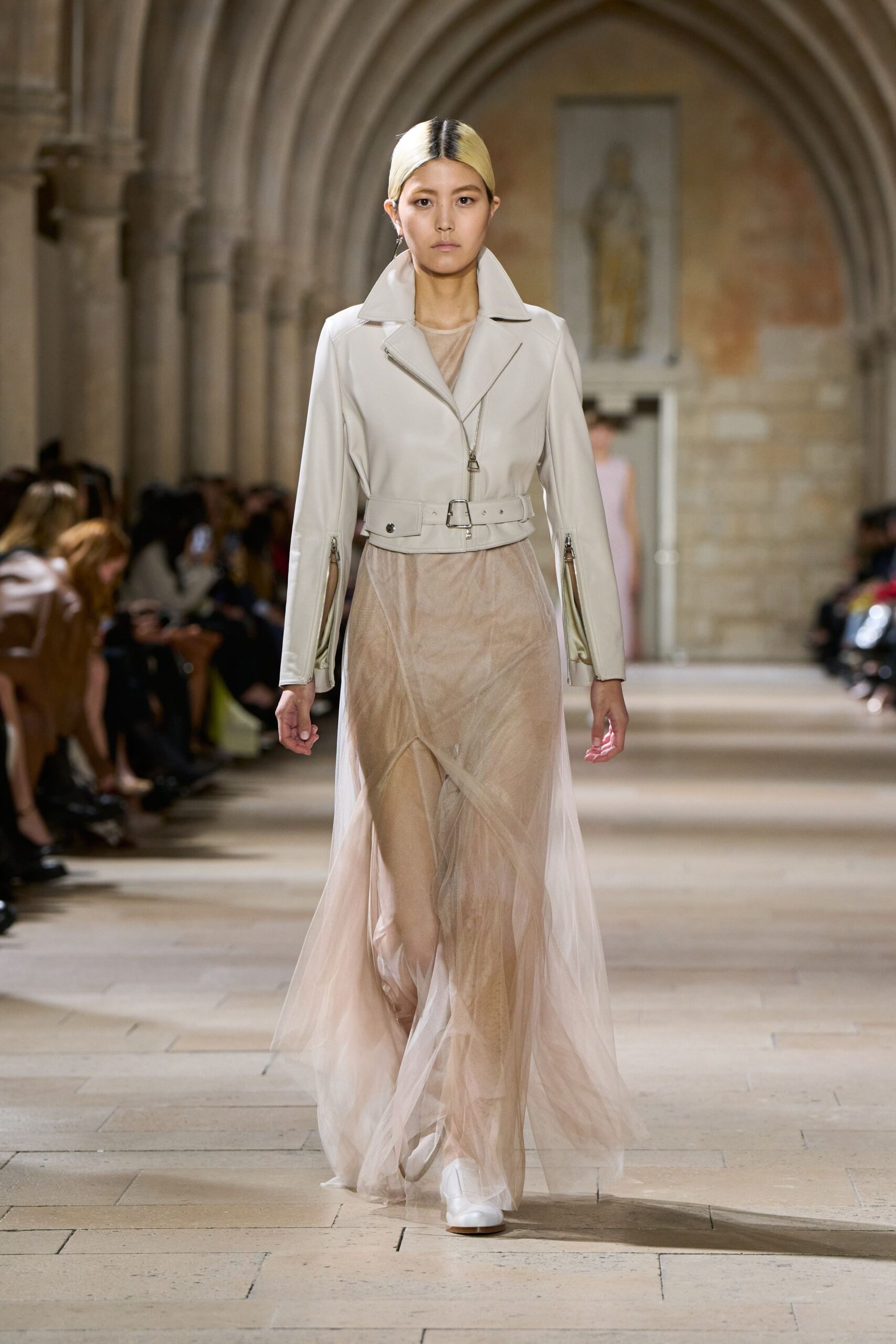 beige chiffon sleeveless v-neck fitted layered flowing dress