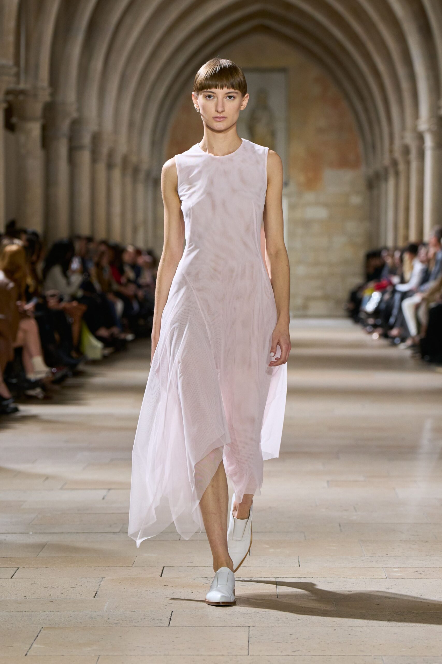 pink silk sleeveless v-neck fitted draped flowing dress
