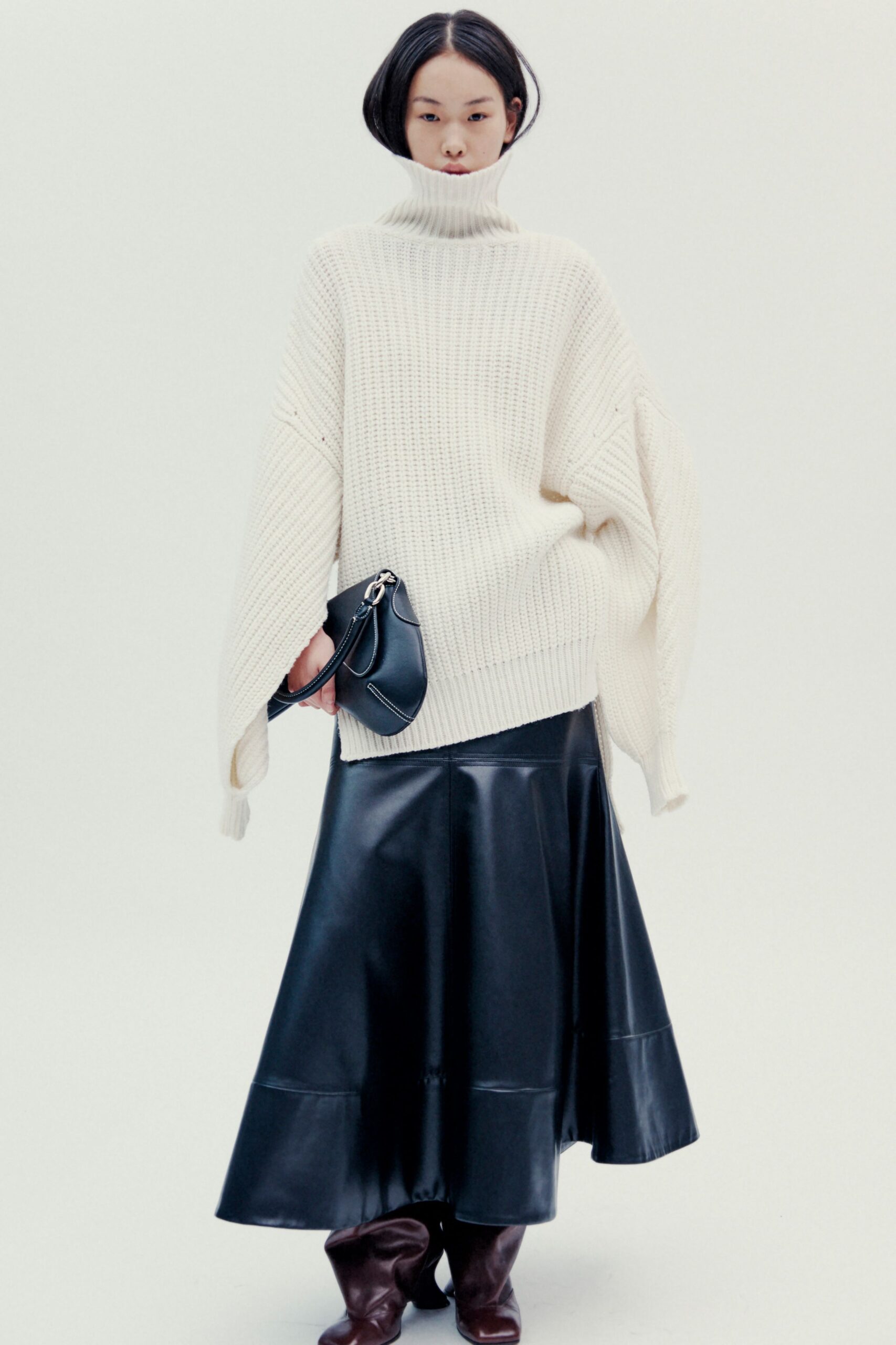 black leather fitted flared maxi skirt