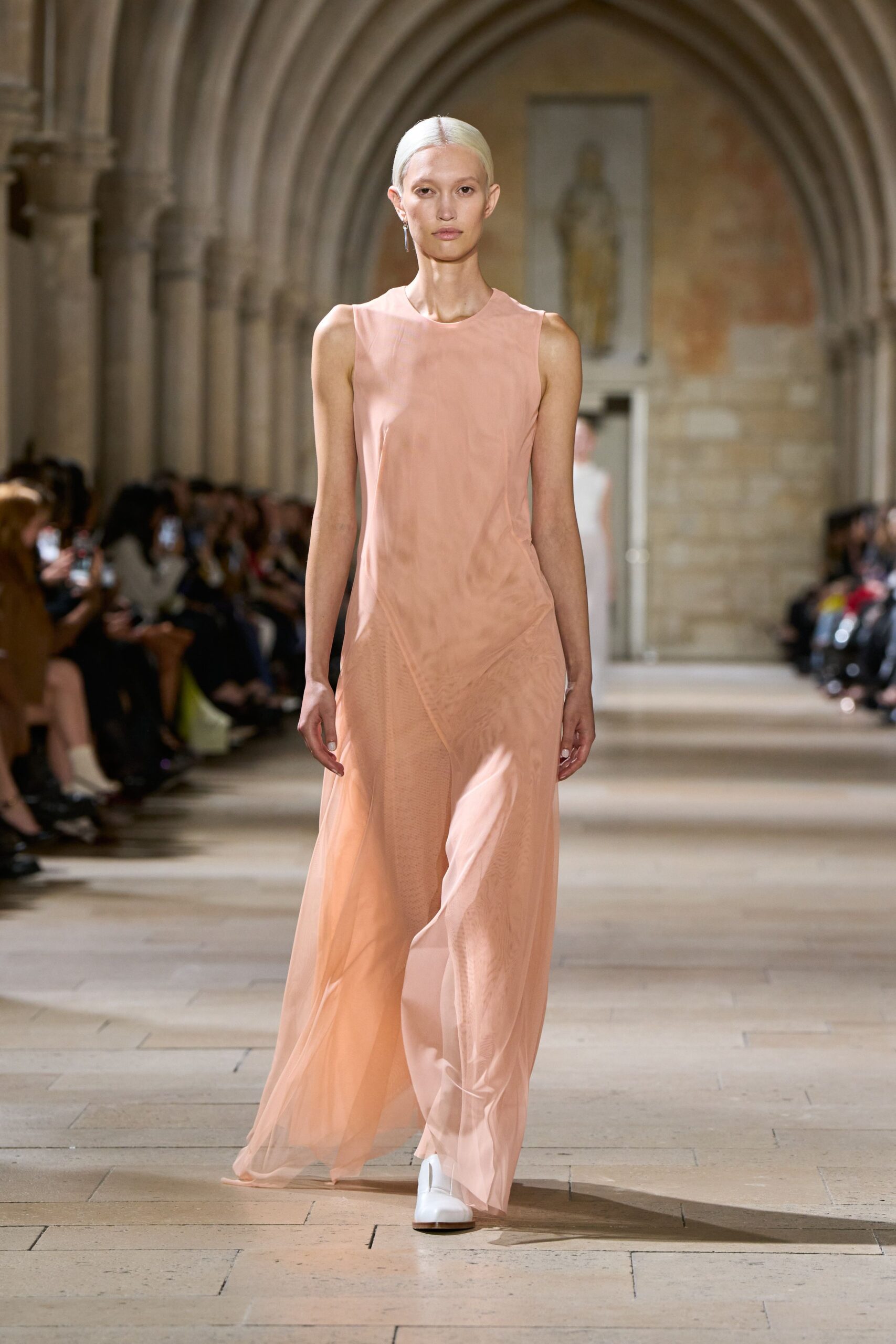 pink silk sleeveless v-neck fitted flowing sheer gown