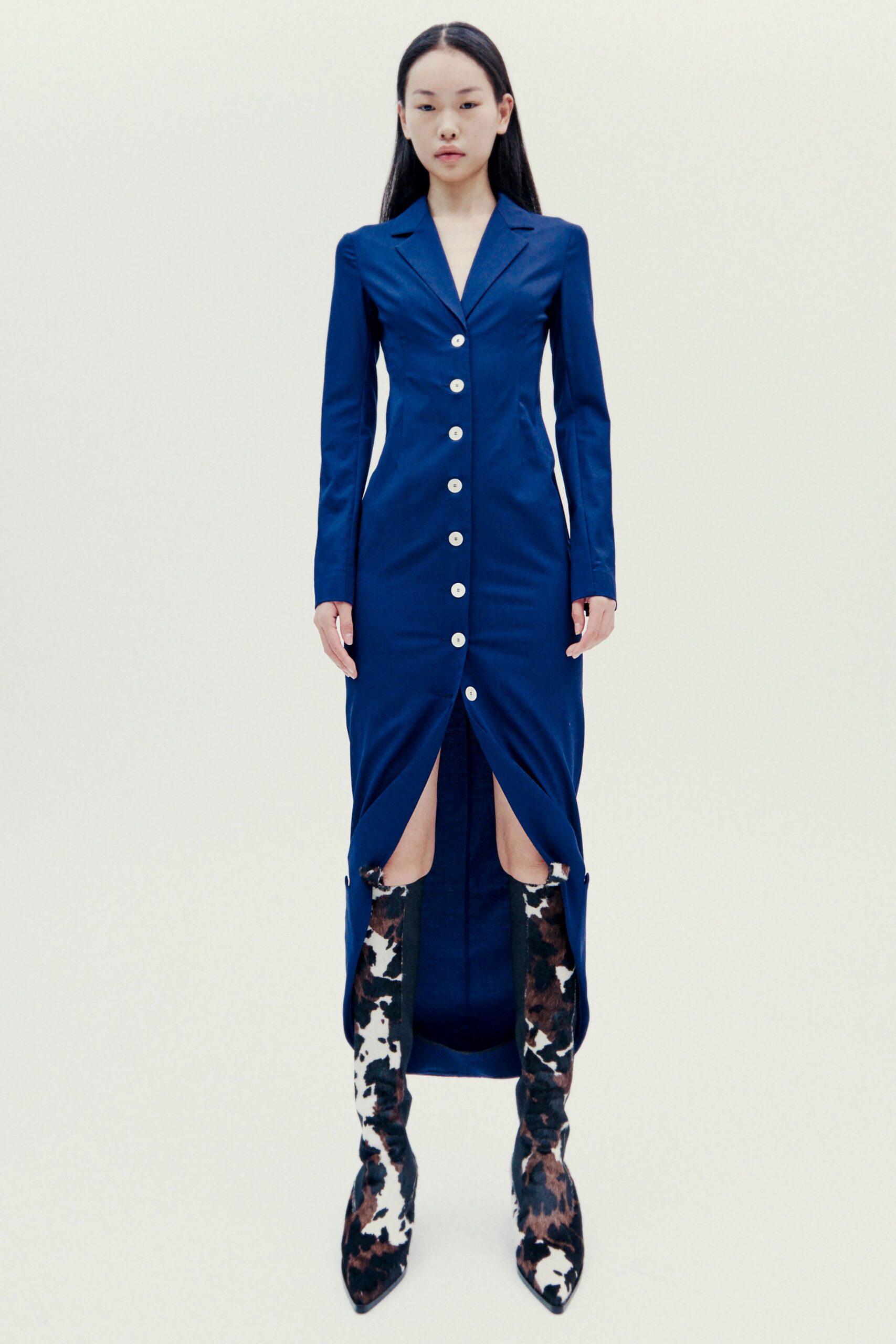 blue silk long-sleeve collared fitted buttoned straight-leg dress