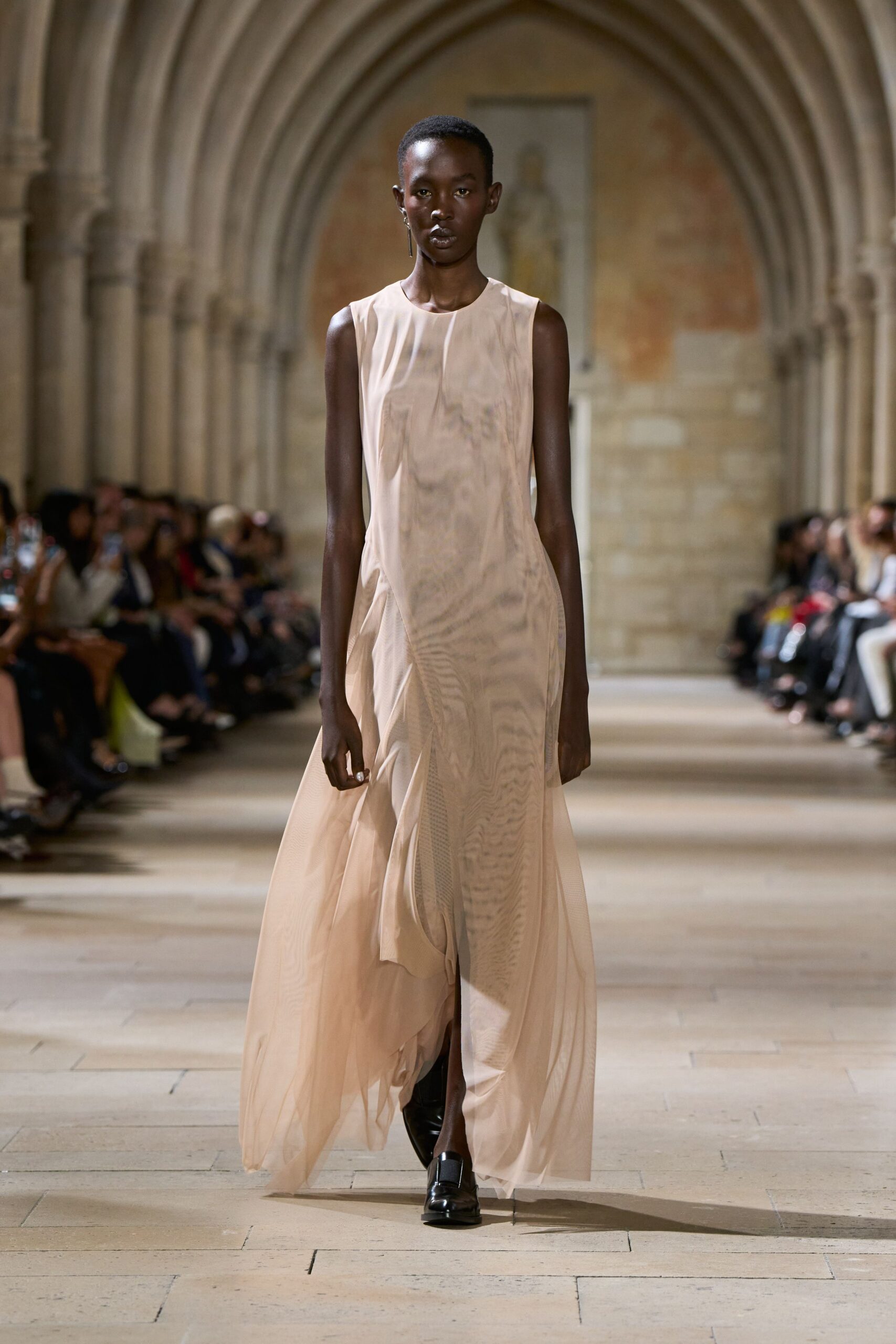 beige silk sleeveless high-neck relaxed flowing sheer gown