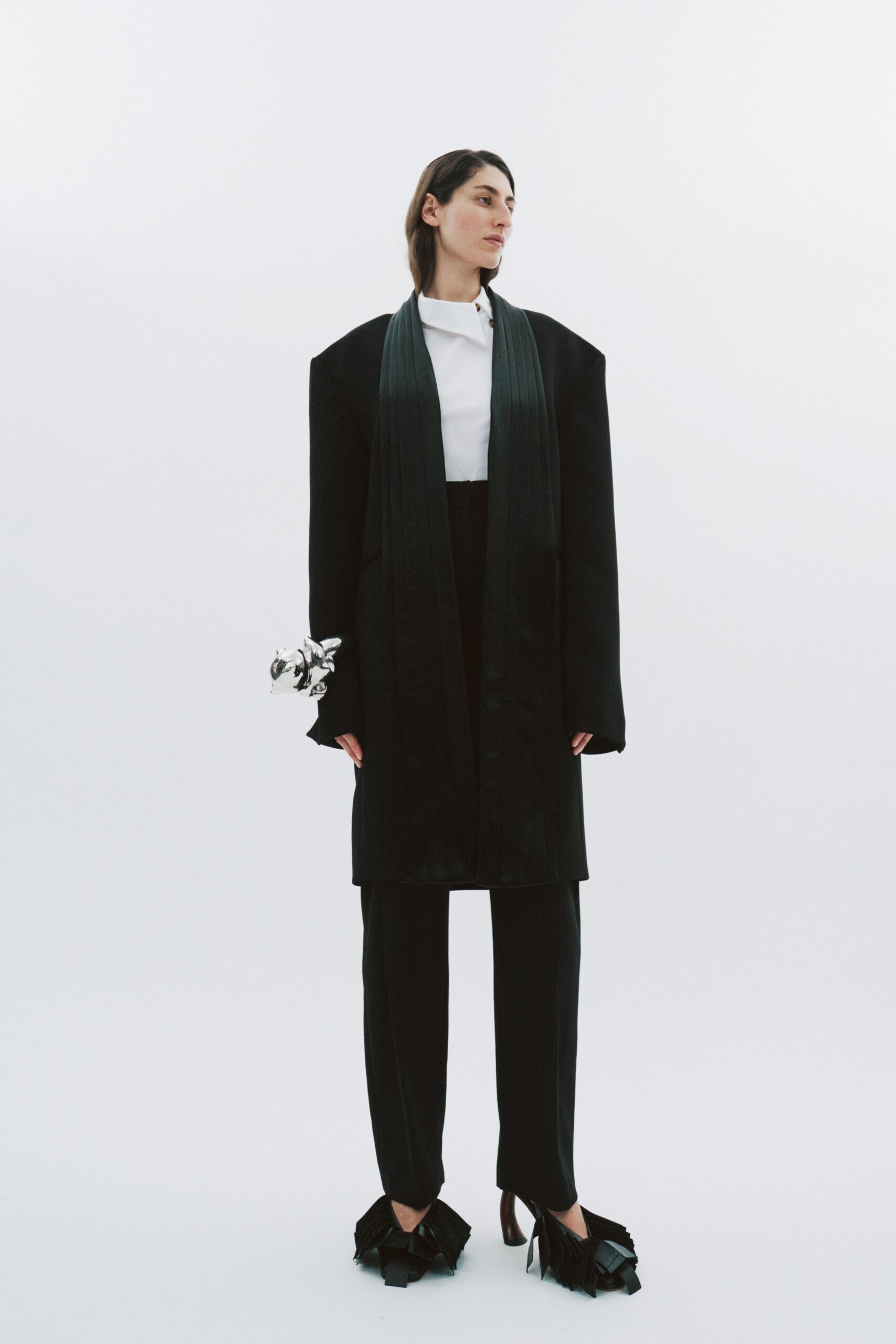 black silk long-sleeve collared oversized pleated coat