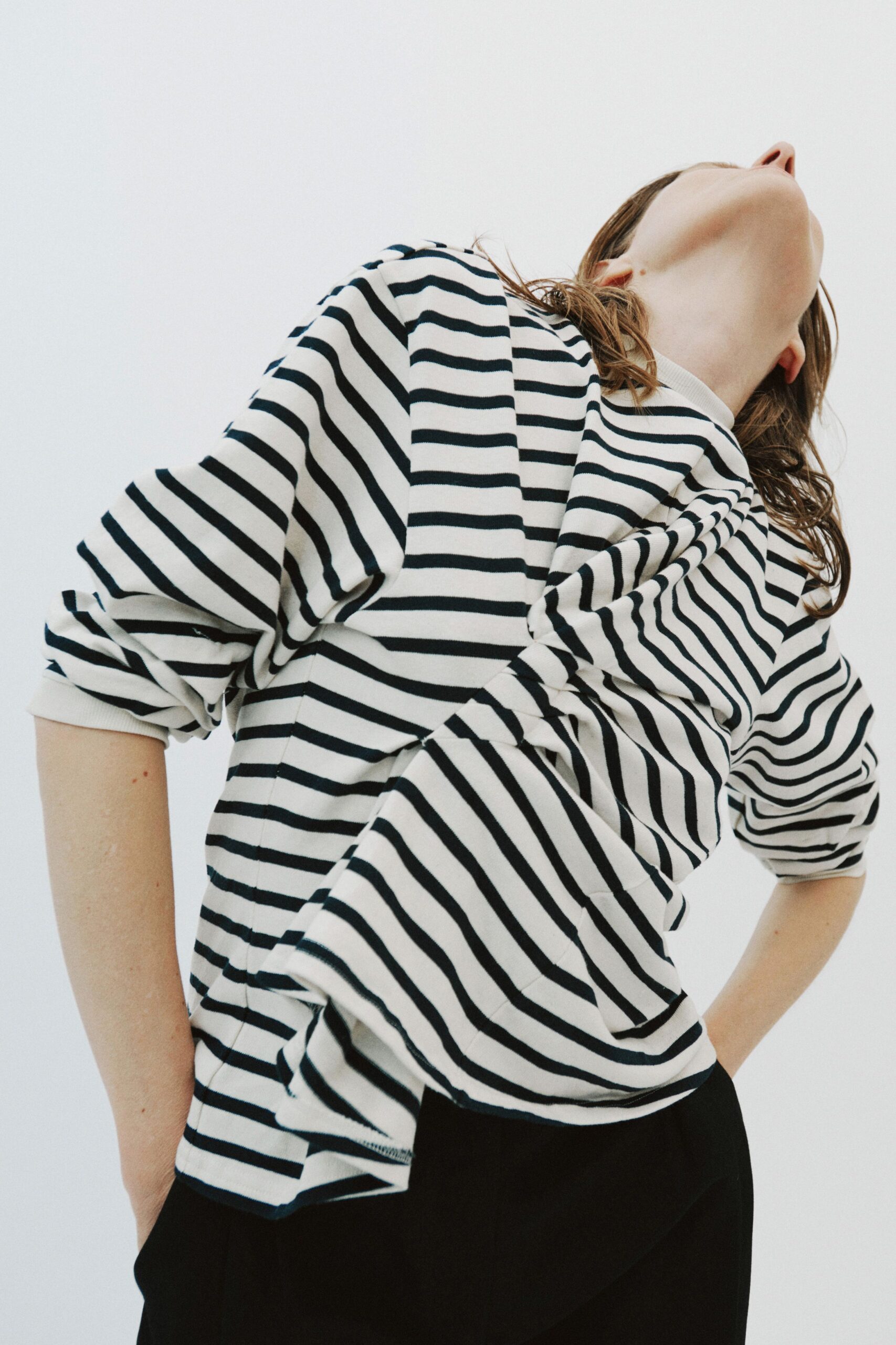 white cotton long-sleeve collared relaxed striped draped shirt