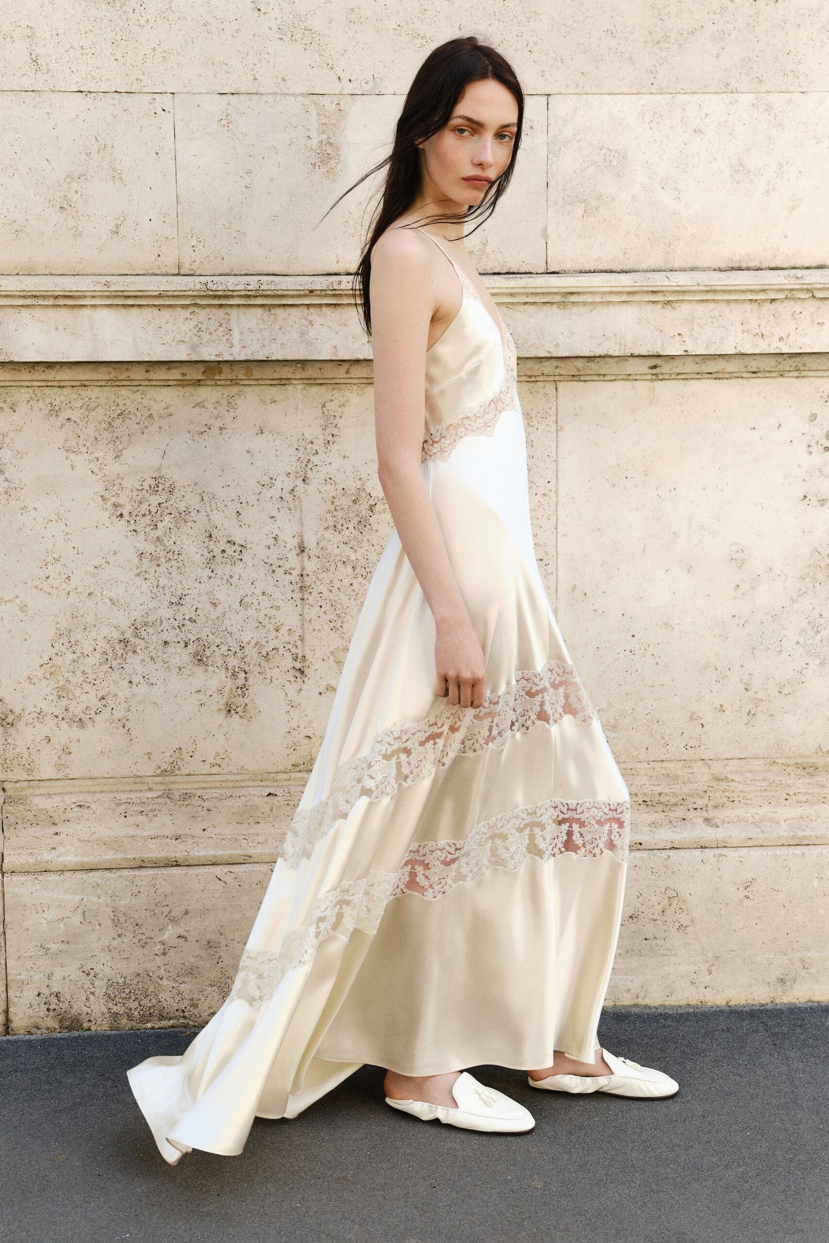 white silk sleeveless v-neck relaxed layered draped gown