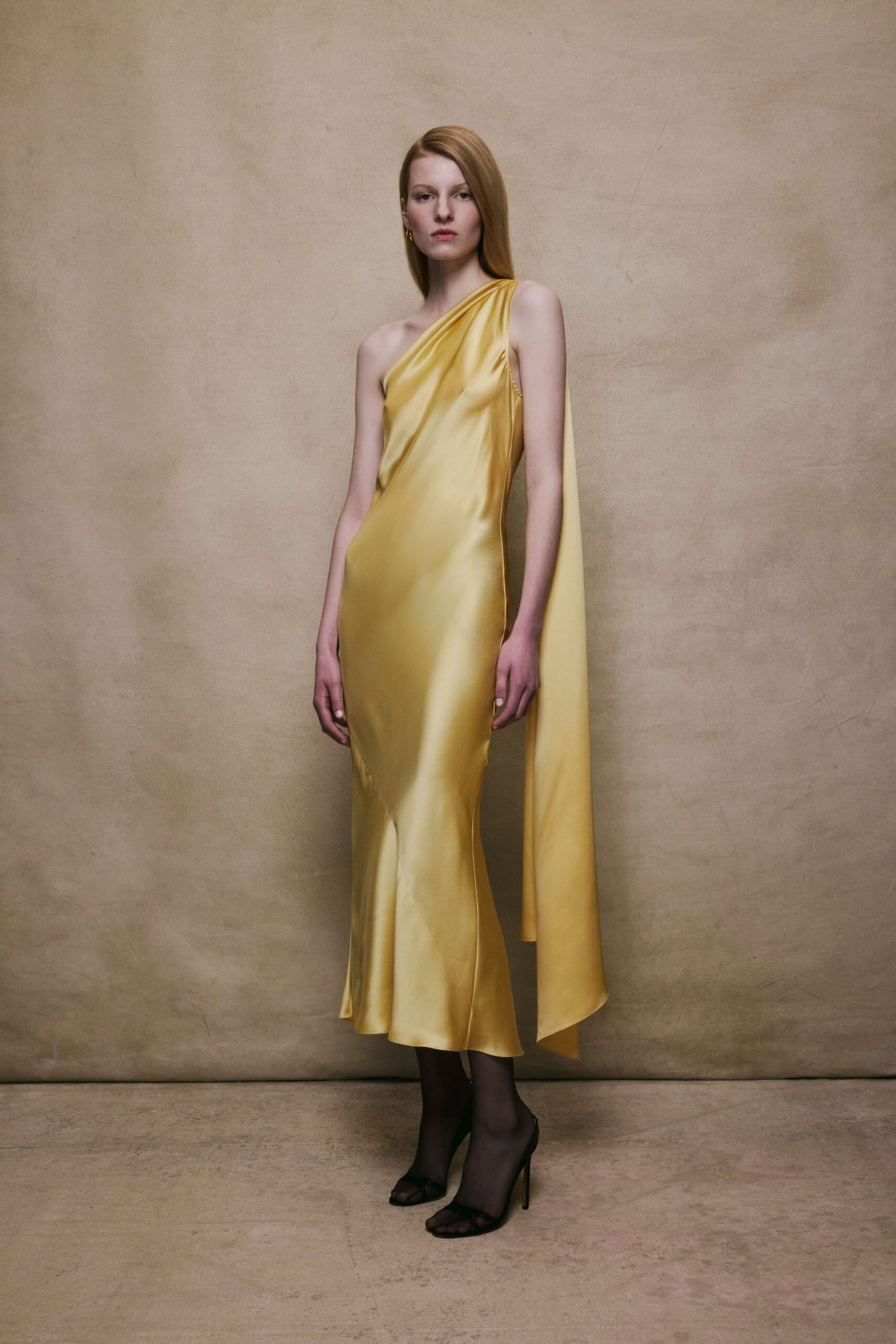 yellow silk fitted gown