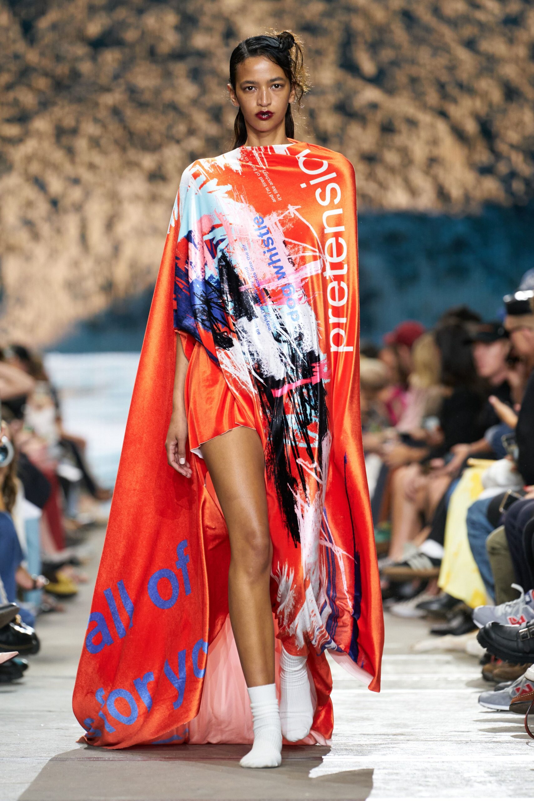 red printed mini dress with cape