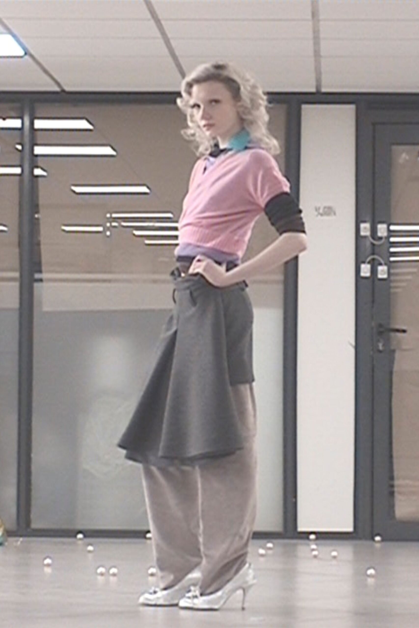 gray wool asymmetric relaxed pleated skirt
