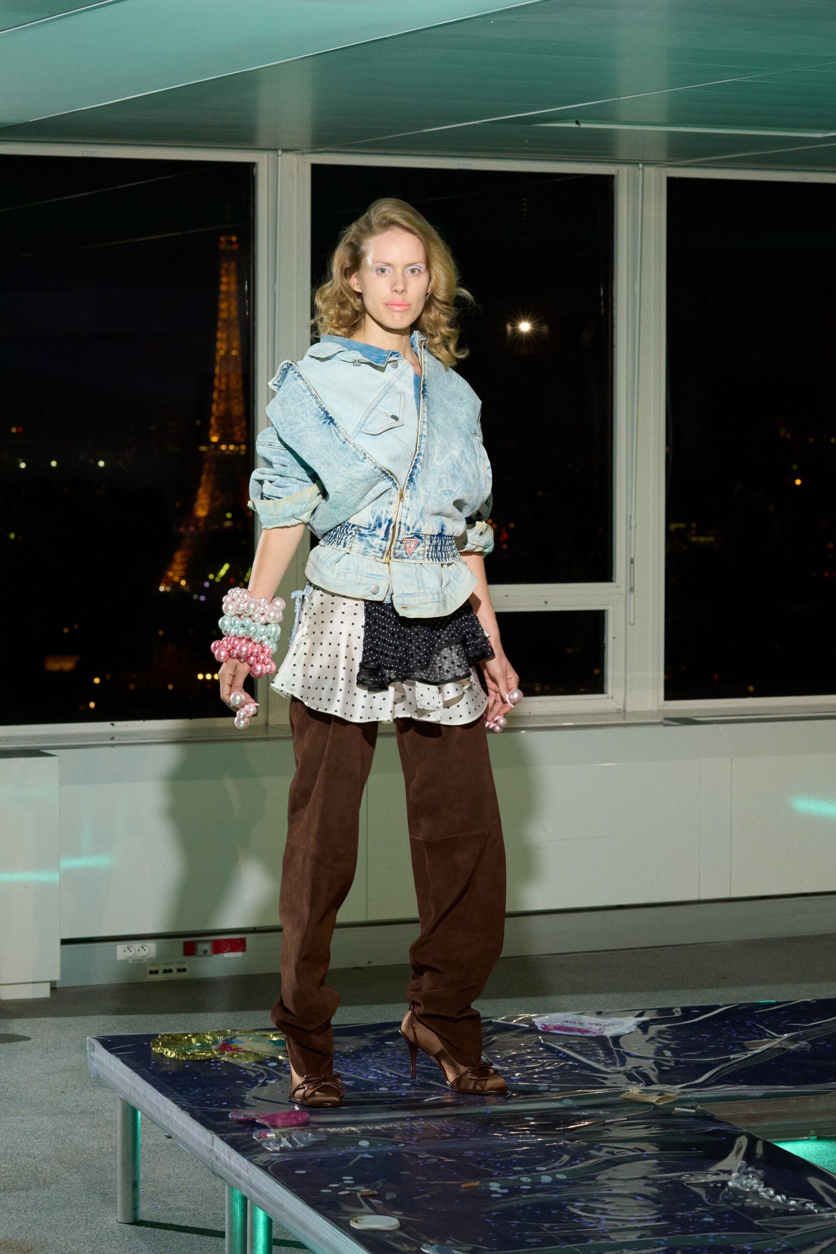 blue denim jacket with polka-dot top