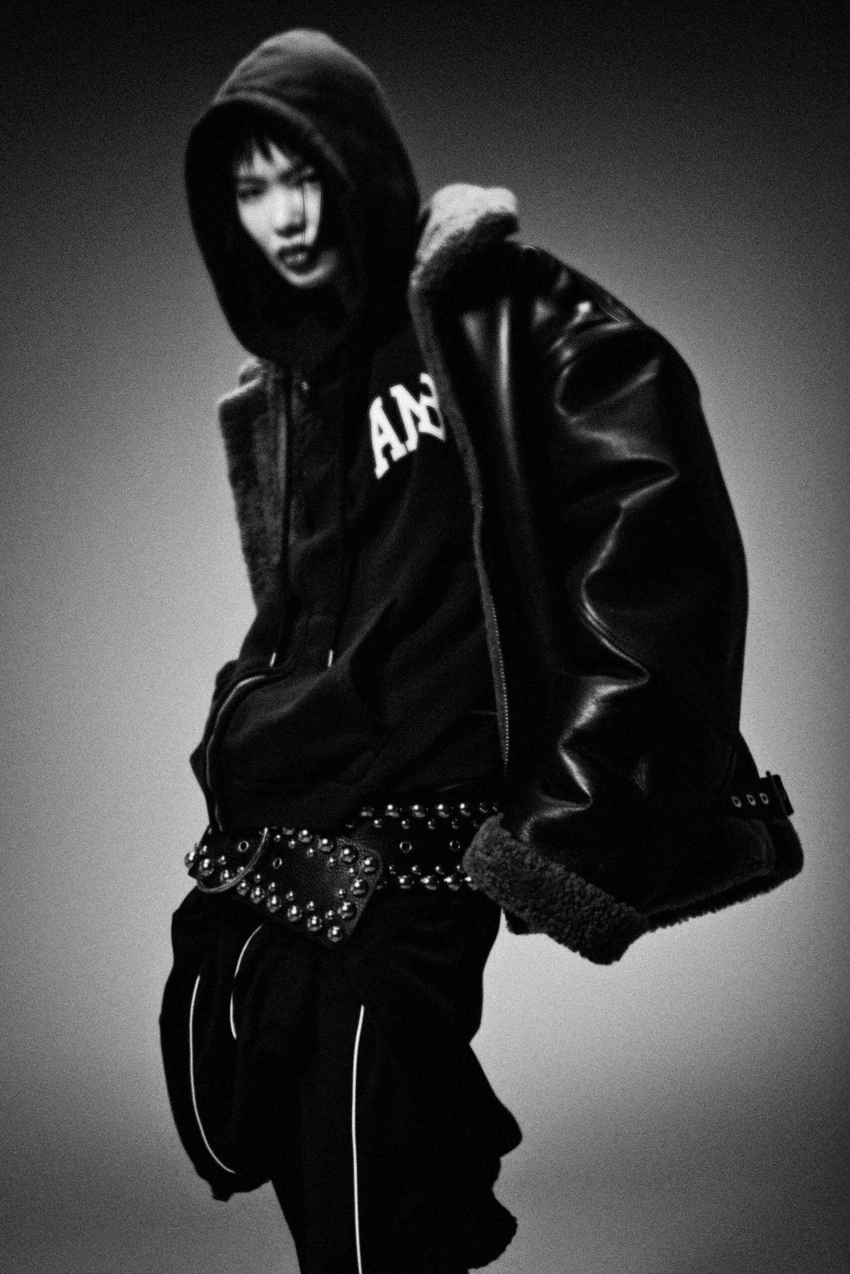 black leather jacket and hoodie