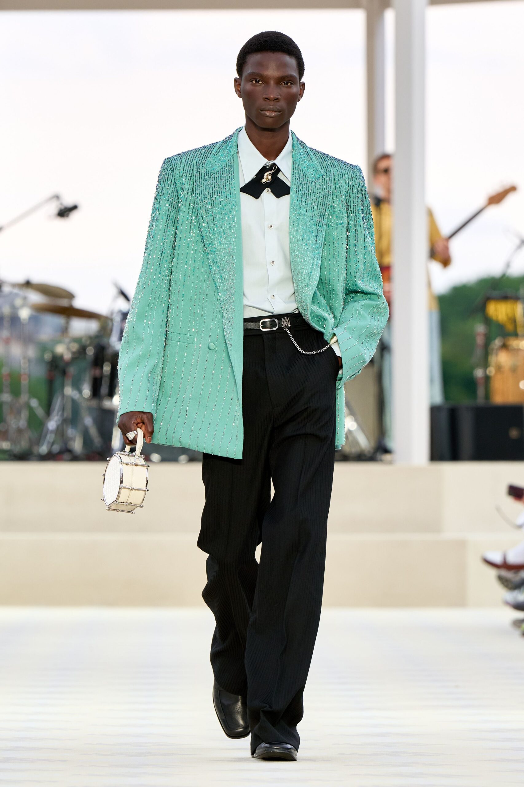 teal silk long-sleeve collared oversized sequined shiny blazer