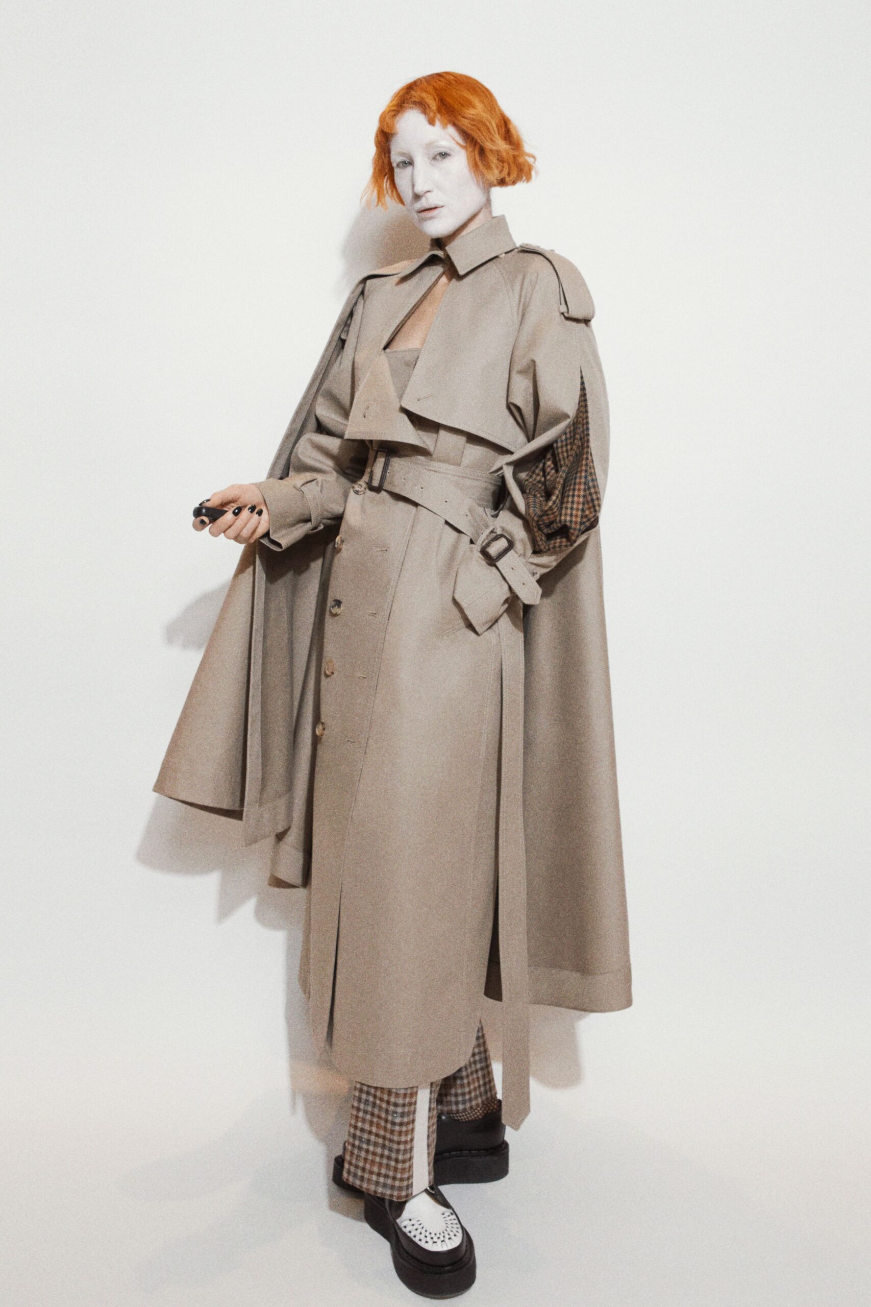 beige cotton long-sleeve collared relaxed belted layered trench