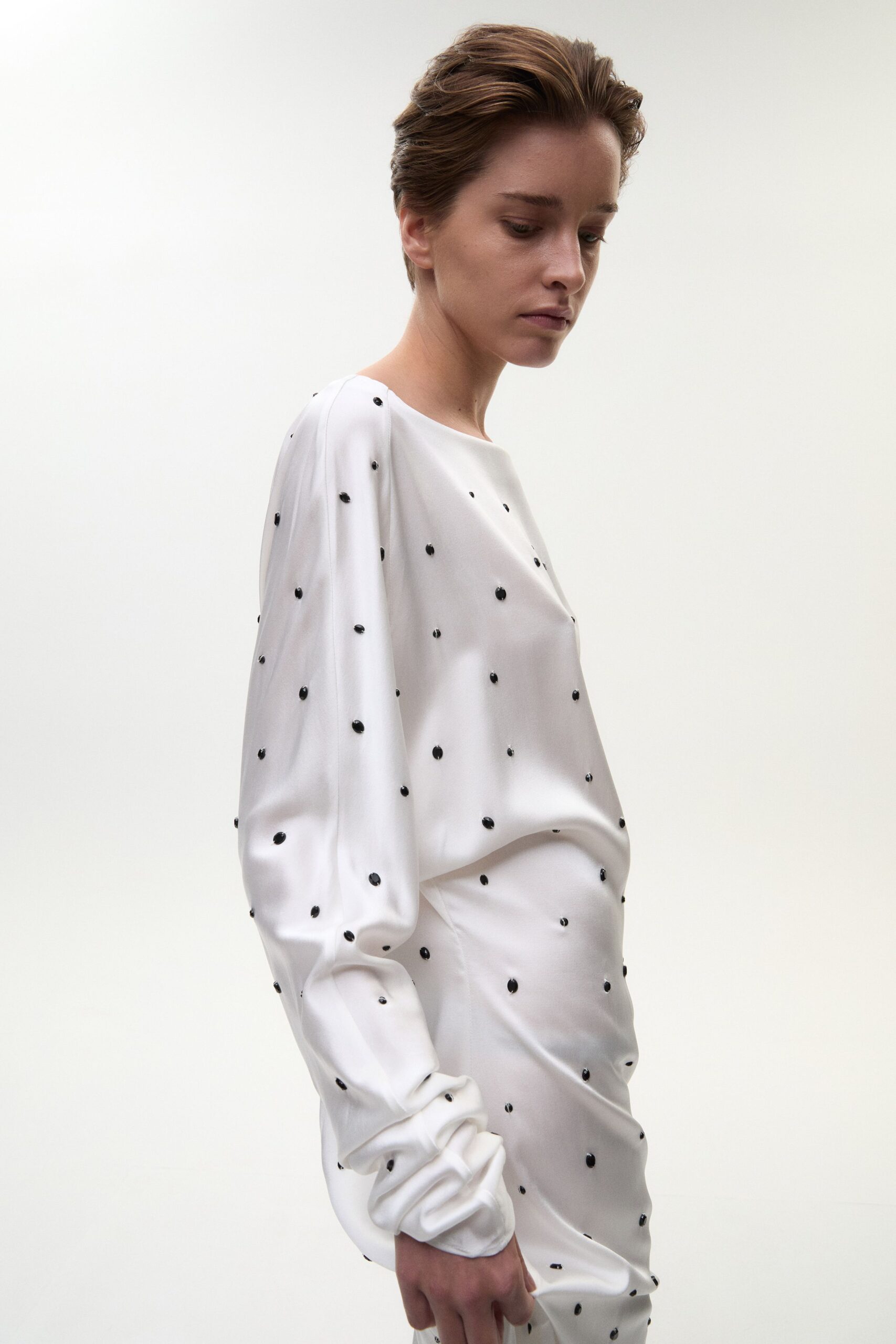 white silk fitted dress