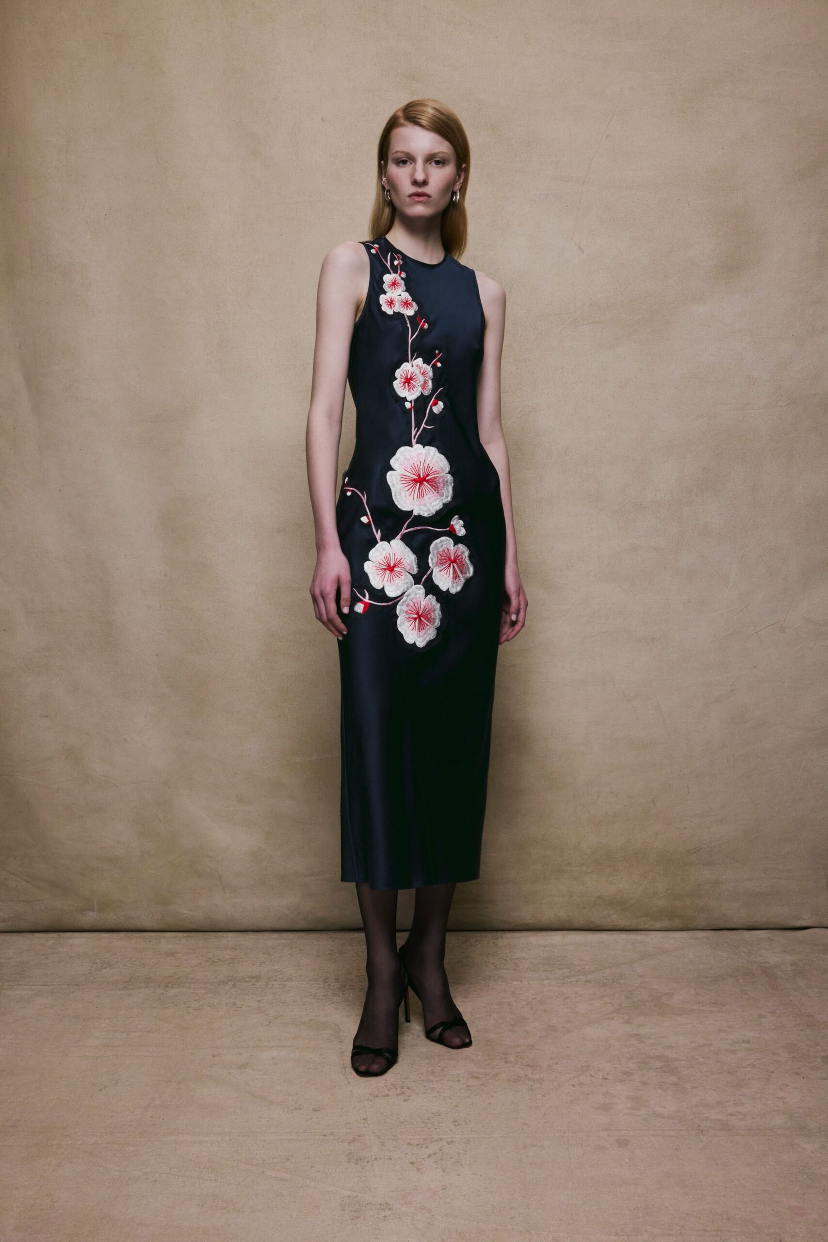 black silk embroidered midi dress
