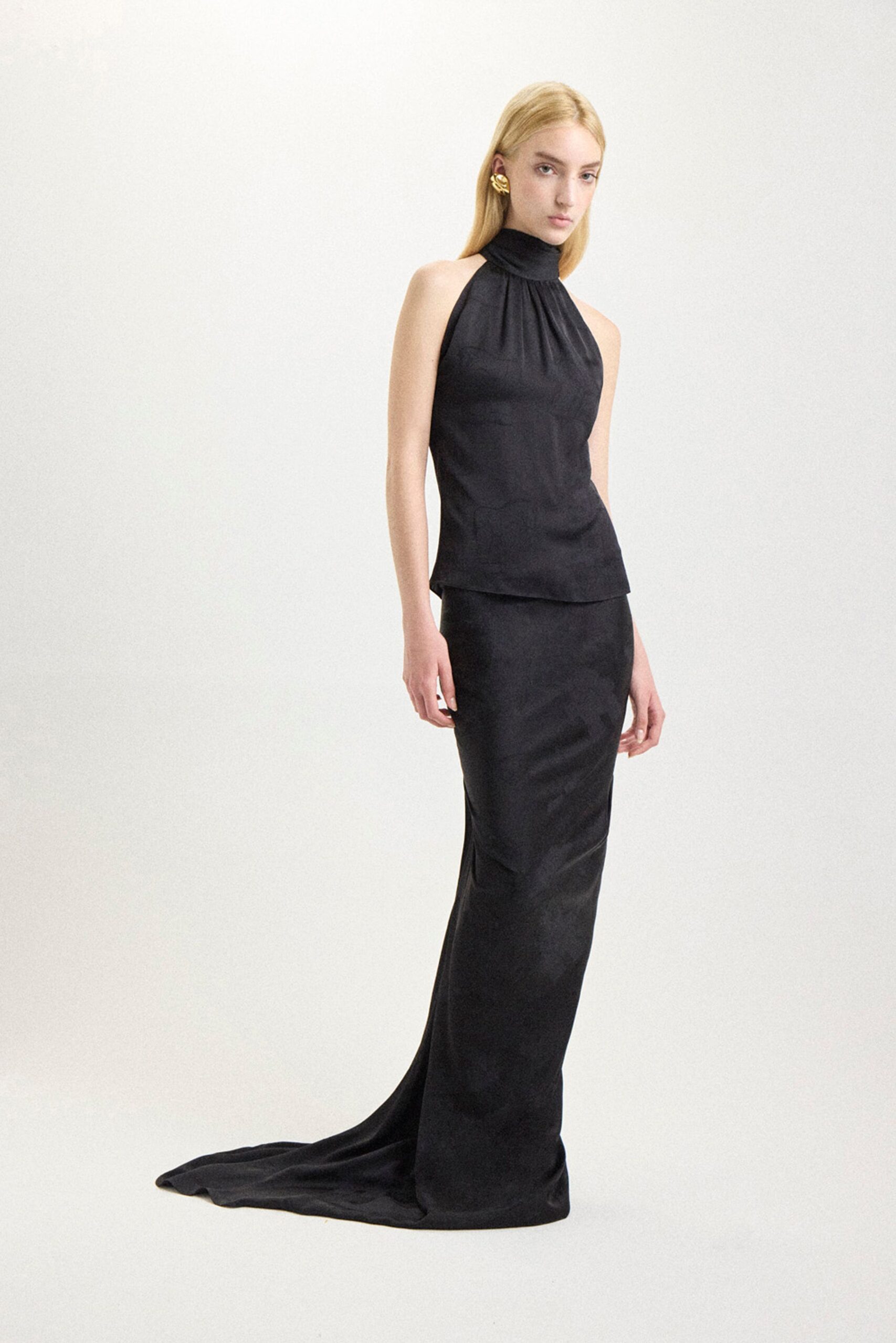 black silk sleeveless gown
