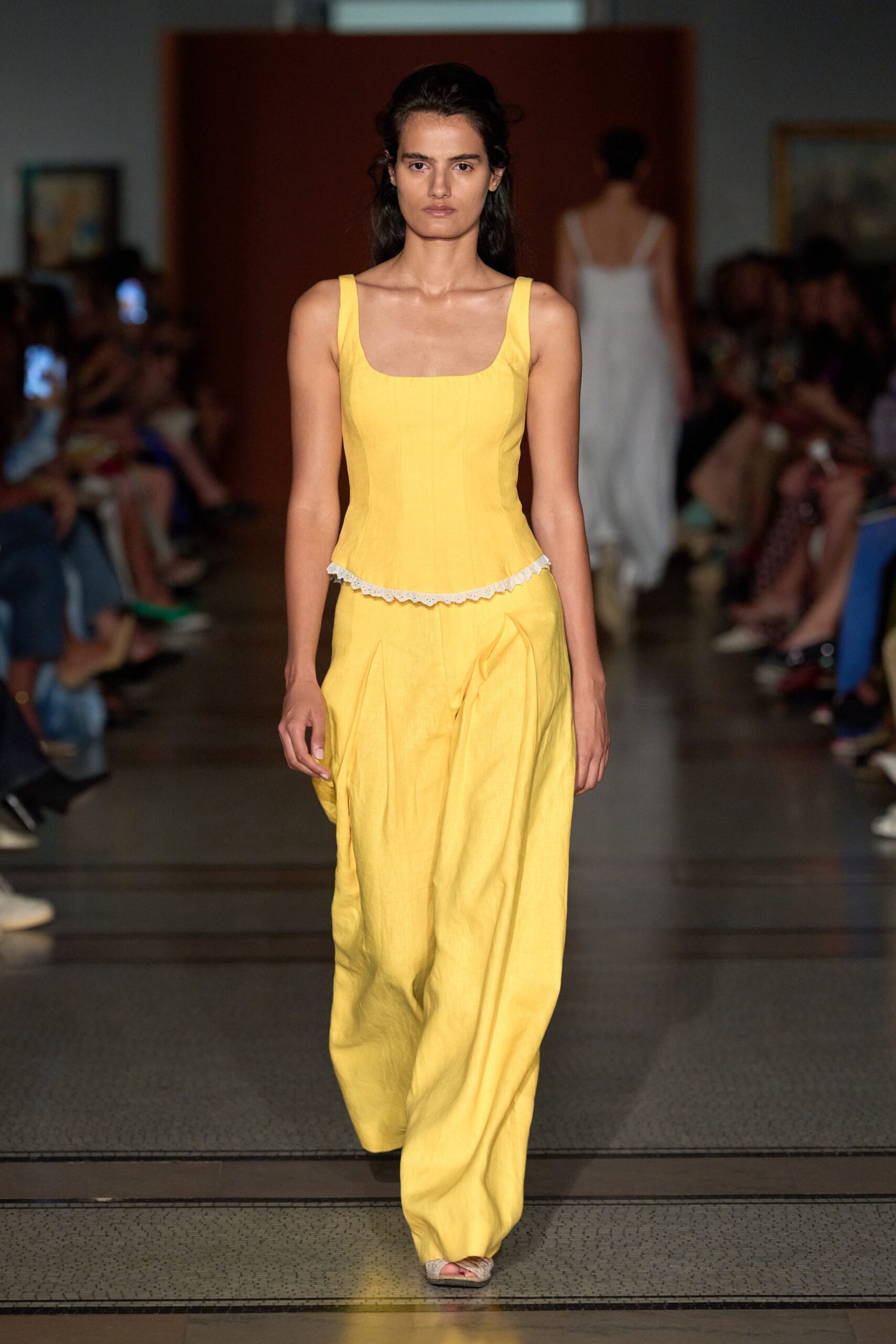 yellow fitted top and relaxed pants