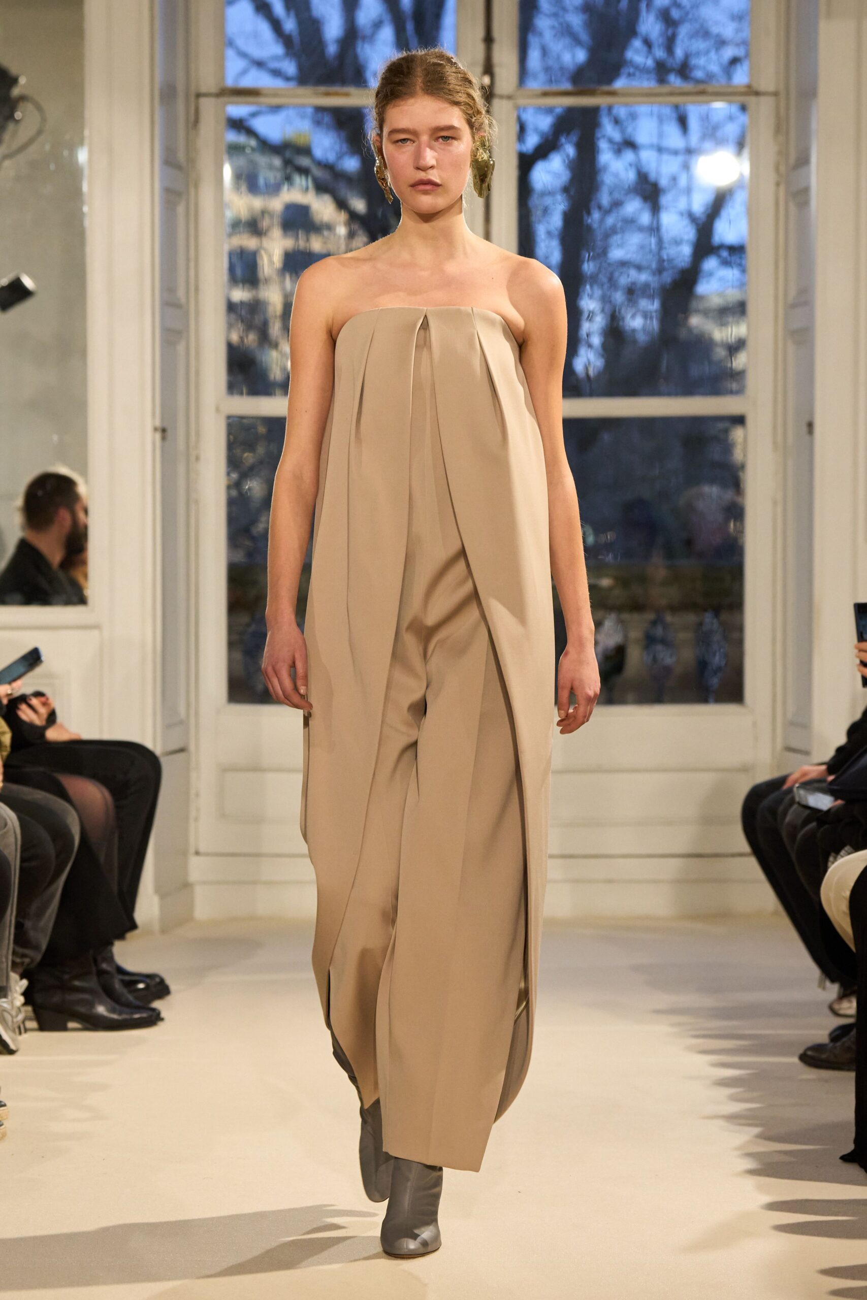 beige silk sleeveless relaxed pleated draped maxi jumpsuit