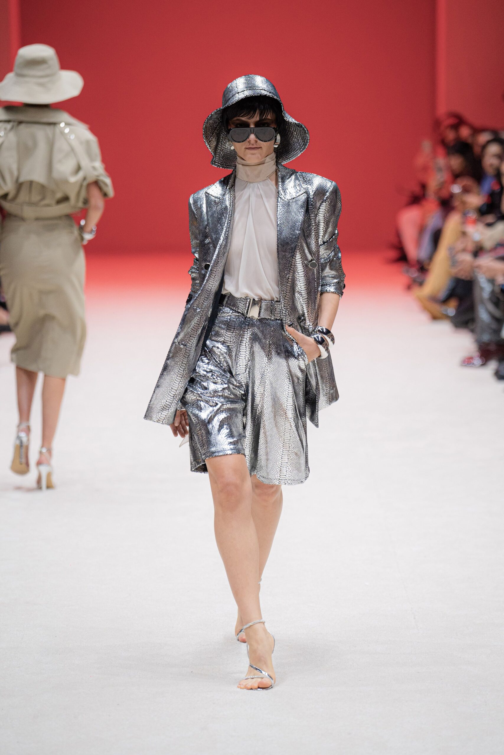 gray metallic long-sleeve collared structured buttoned shiny blazer