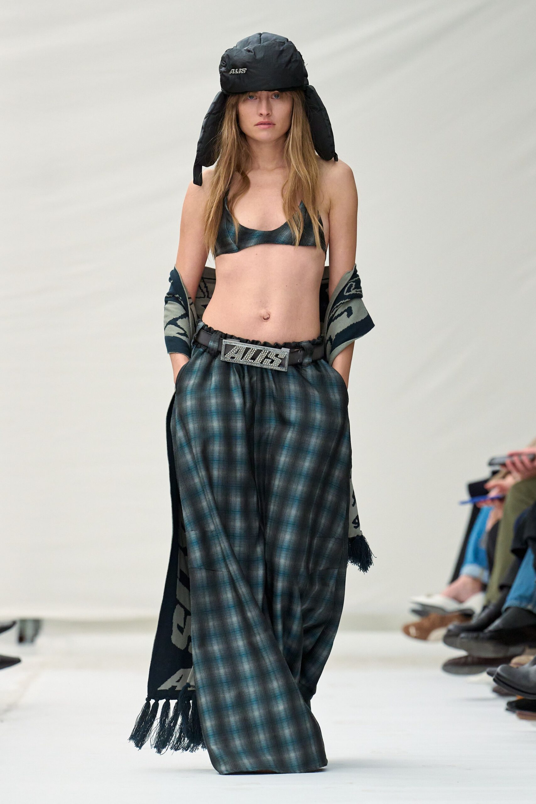 green and black checked outfit