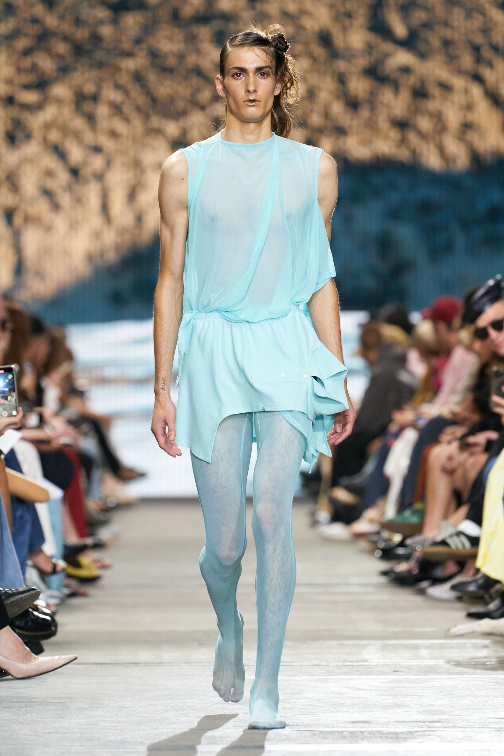 blue chiffon sleeveless v-neck fitted draped sheer dress