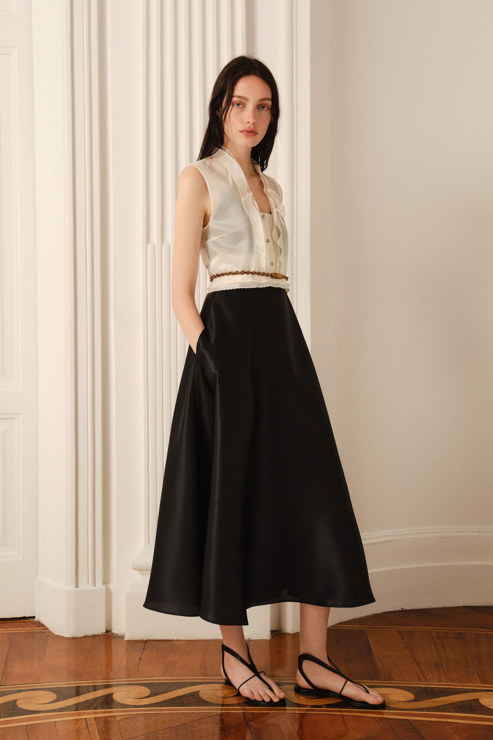 black silk high-waisted a-line flowing shiny midi skirt