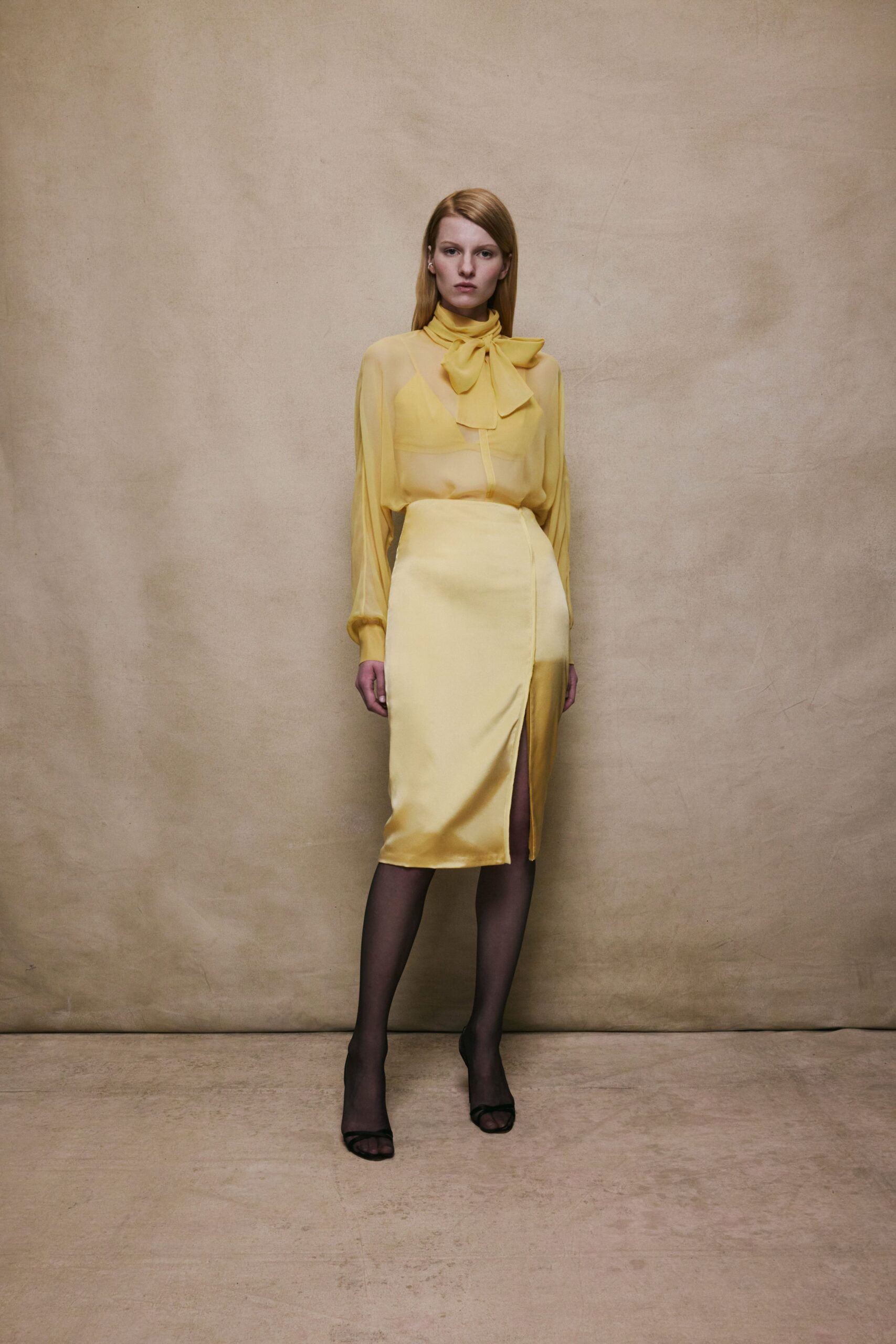 yellow silk blouse and skirt