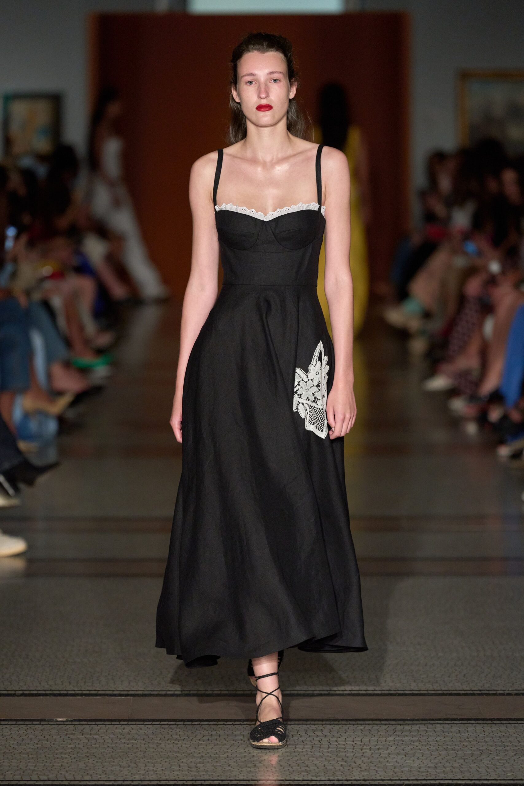black cotton sleeveless v-neck fitted embroidered midi dress