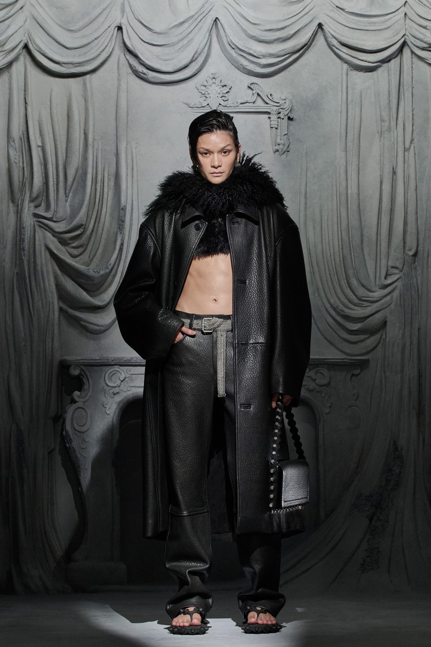 black leather coat and pants