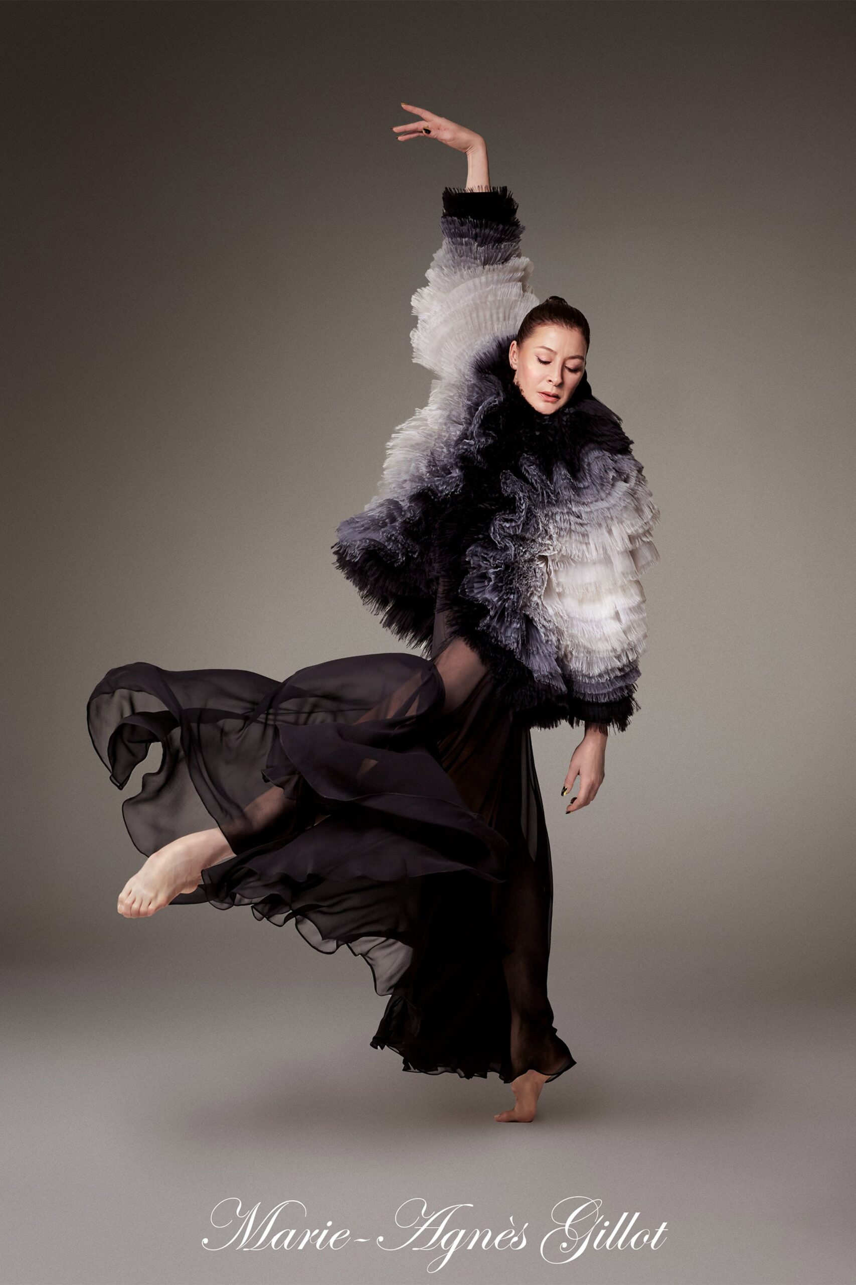 black silk long-sleeve relaxed ruffled coat