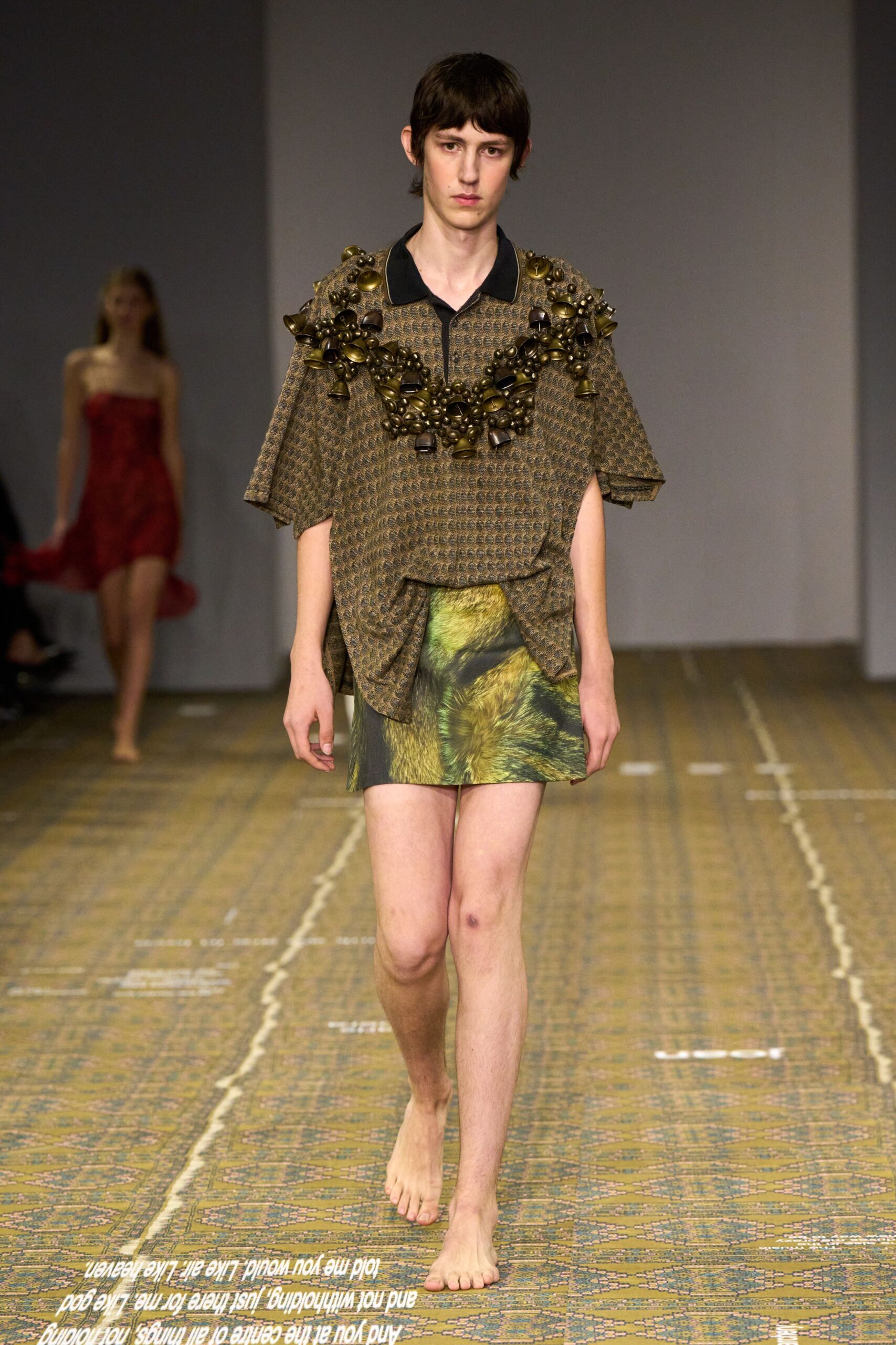 brown cotton short-sleeve collared oversized printed embellished shirt