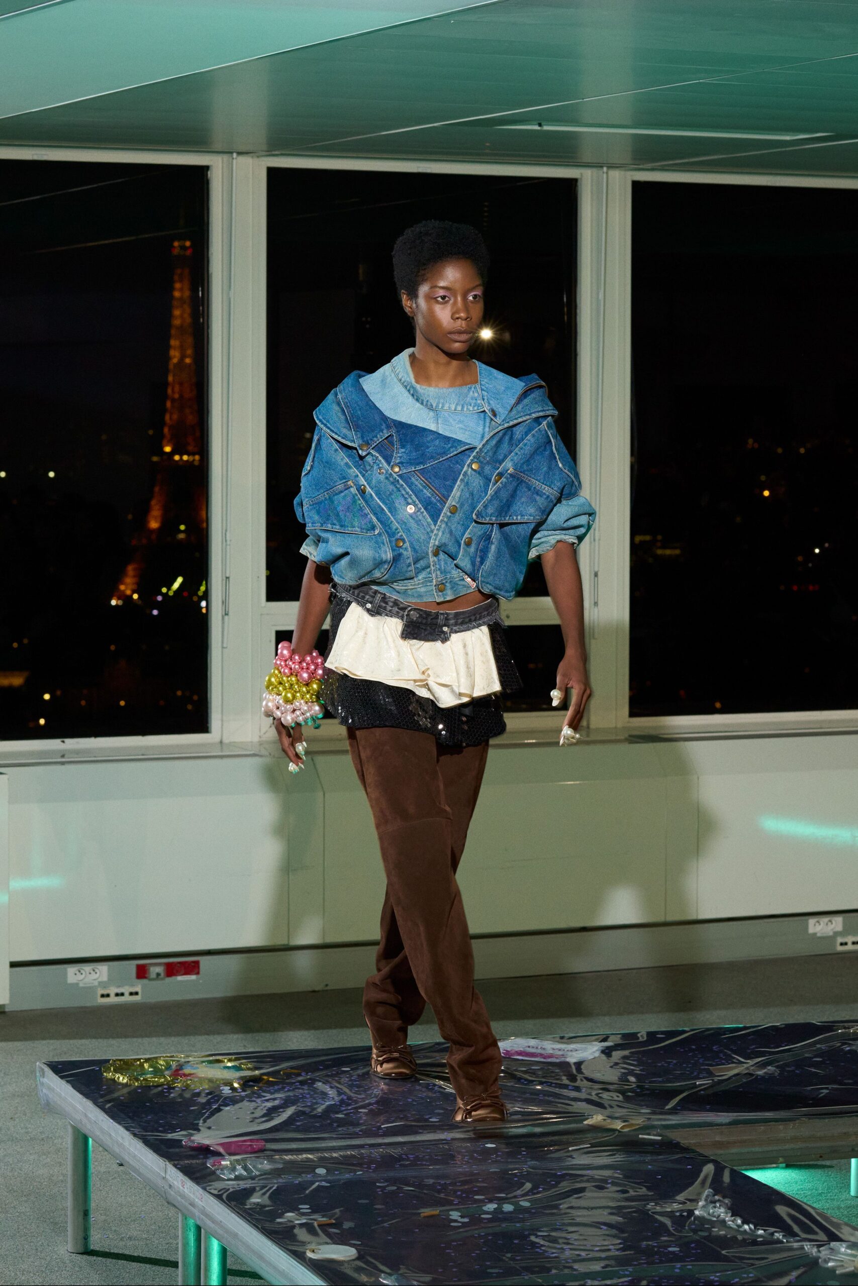 oversized denim jacket with layered top