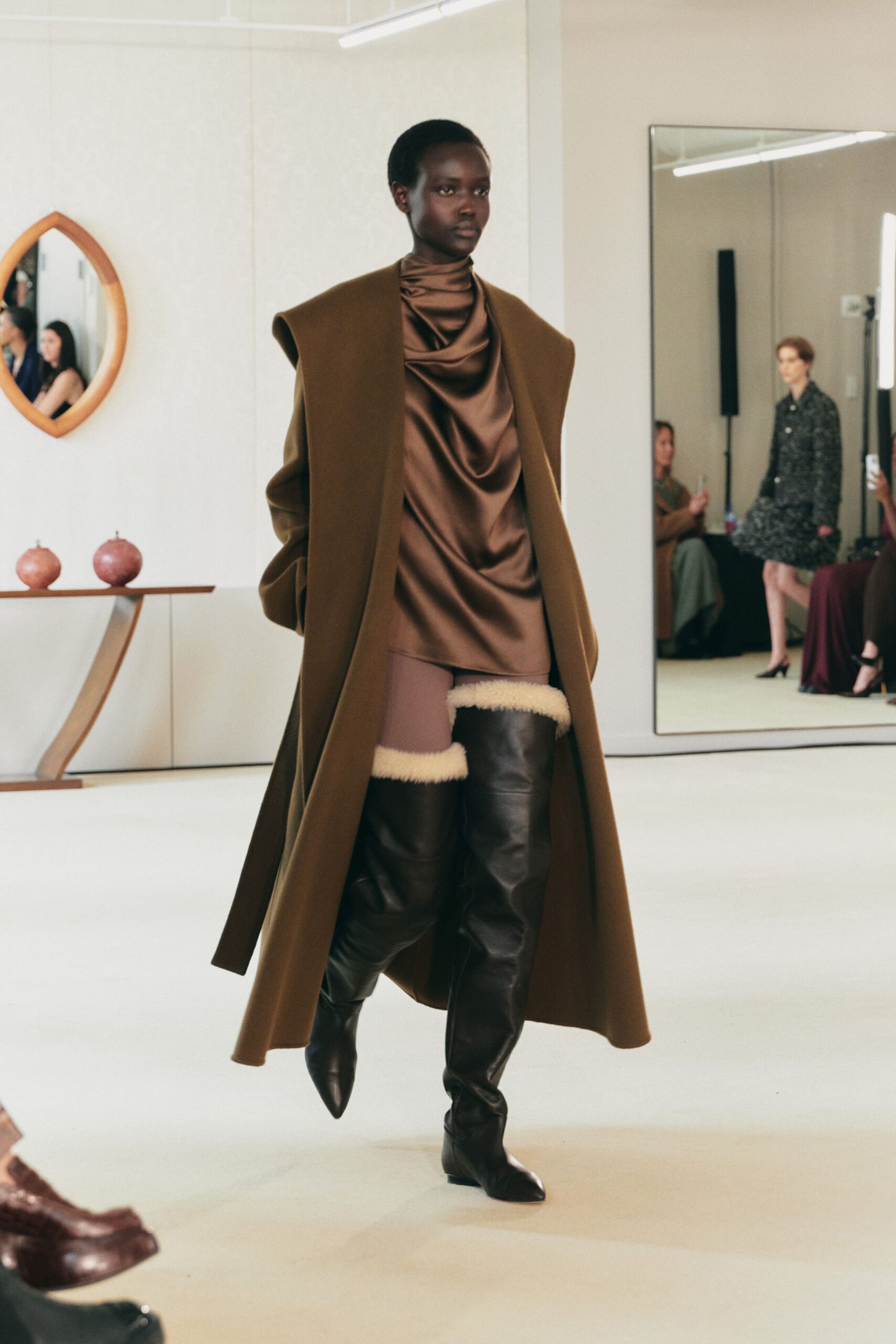 brown wool long-sleeve relaxed draped maxi coat