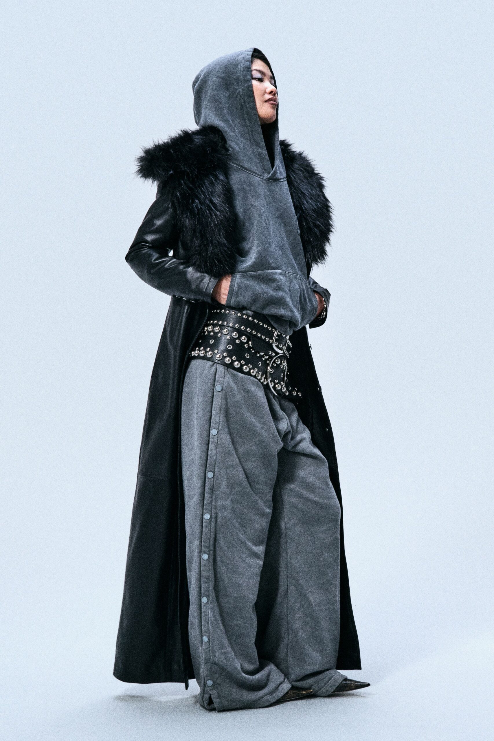 black faux-fur long-sleeve collared relaxed layered maxi coat