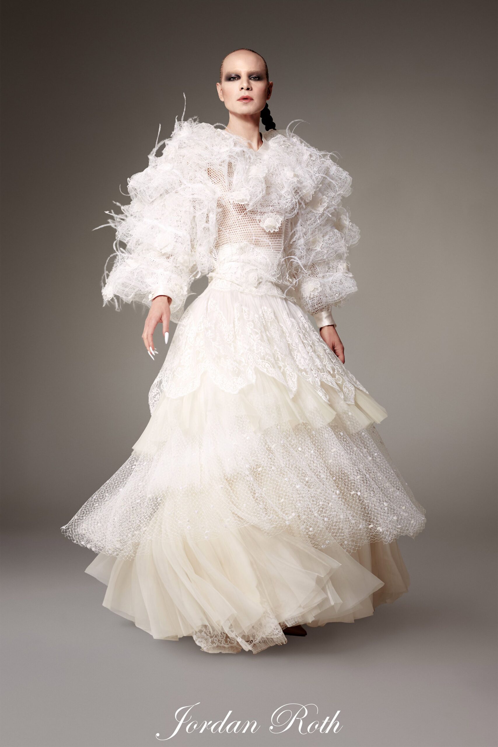 white ruffled off-shoulder gown