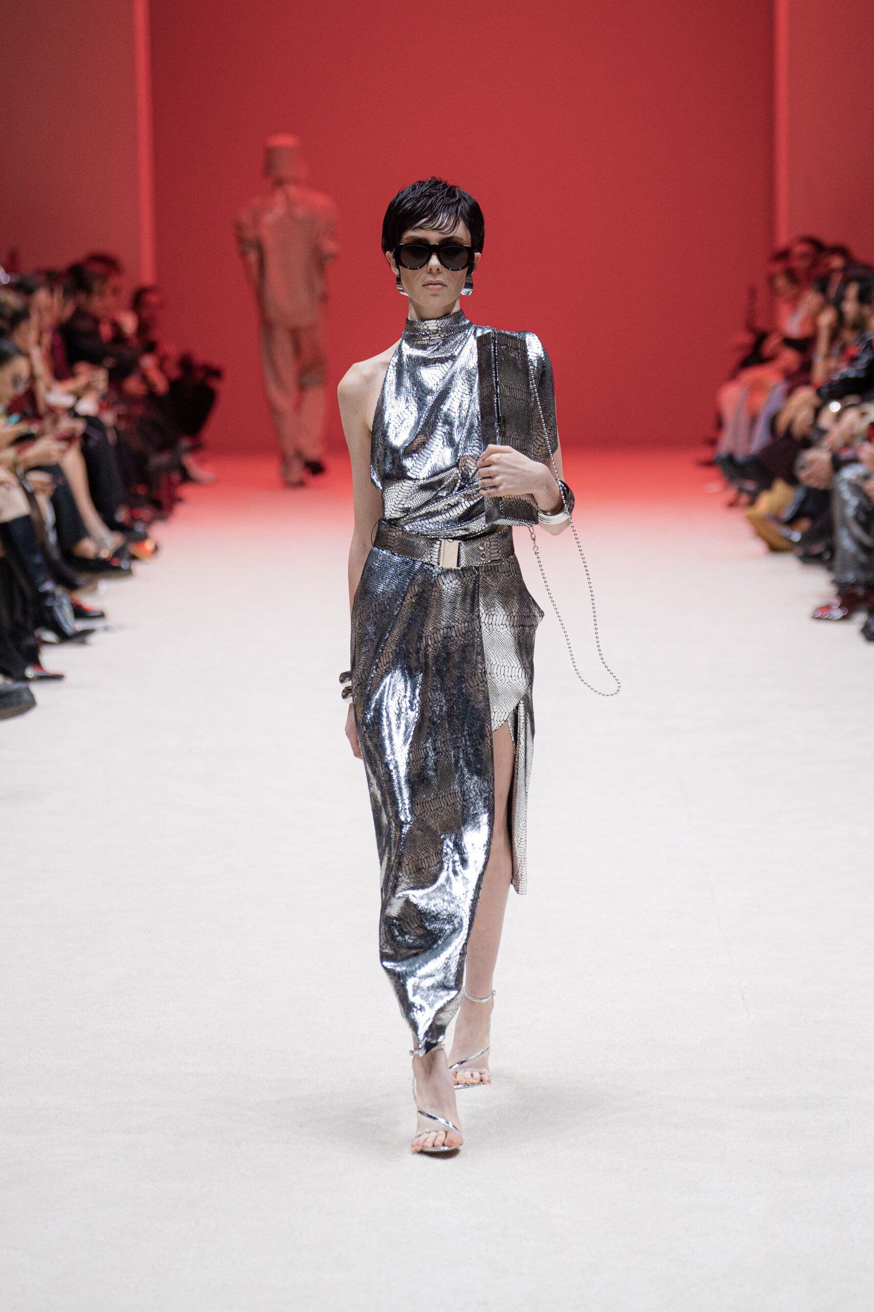 gray metallic sleeveless high-neck fitted draped shiny dress