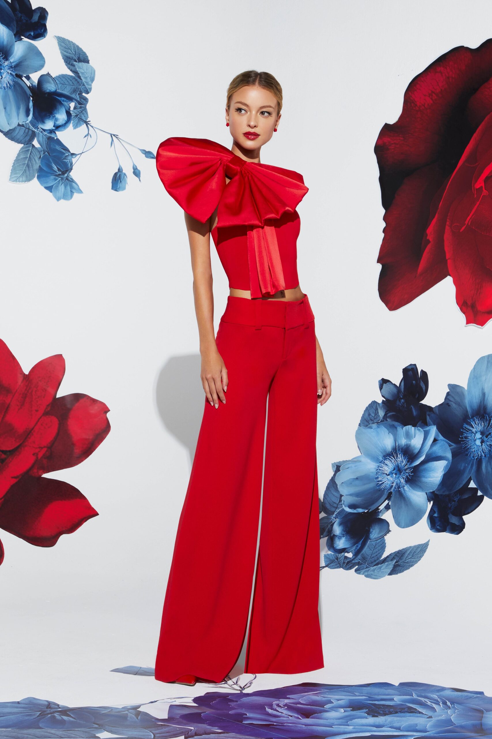 red silk sleeveless high-neck fitted ruffled top