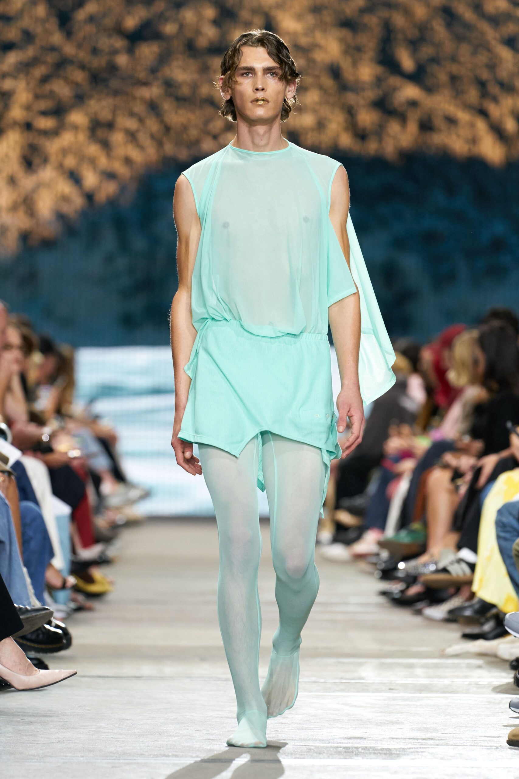 blue chiffon sleeveless asymmetric fitted draped sheer dress