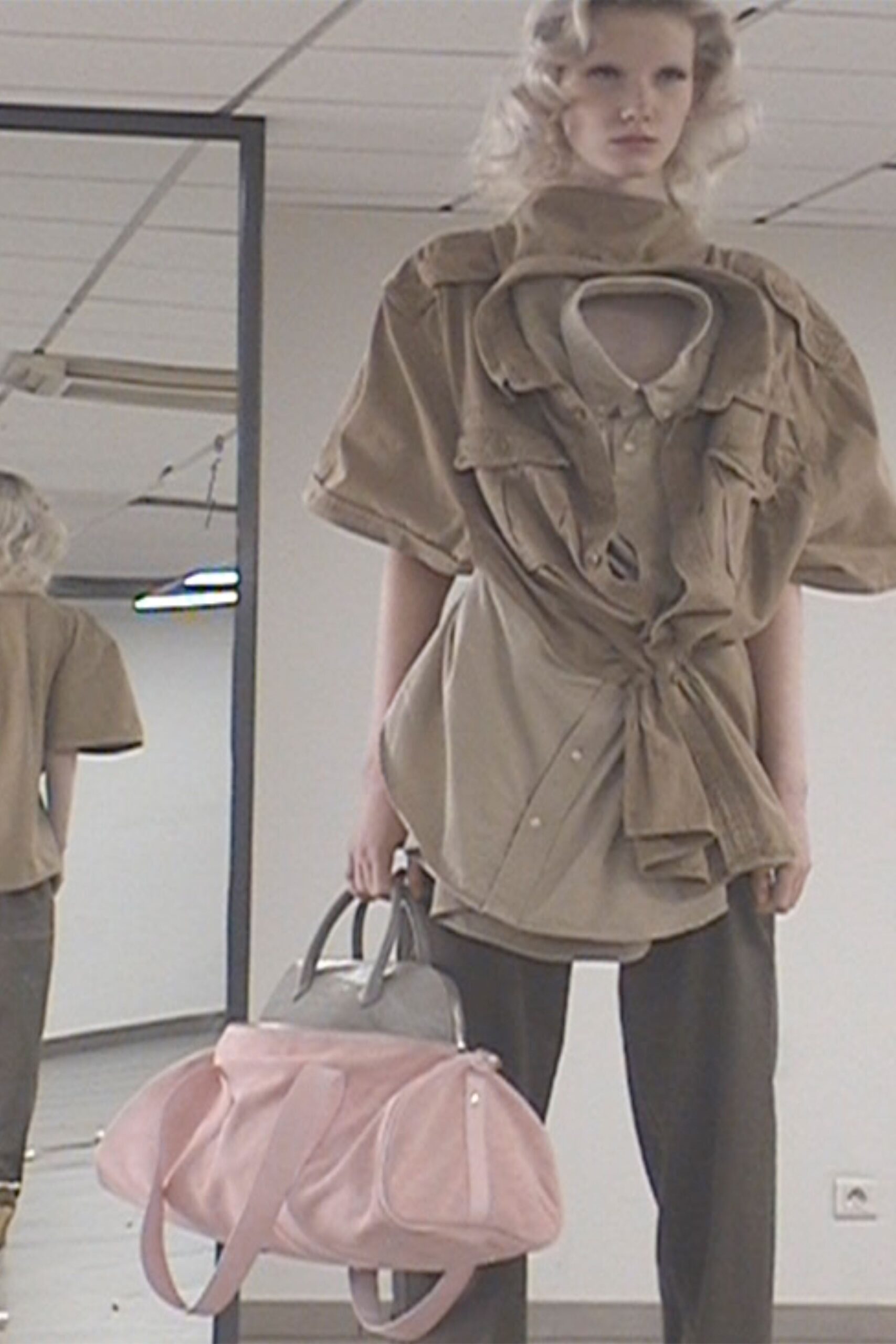 beige cotton long-sleeve collared oversized layered jacket